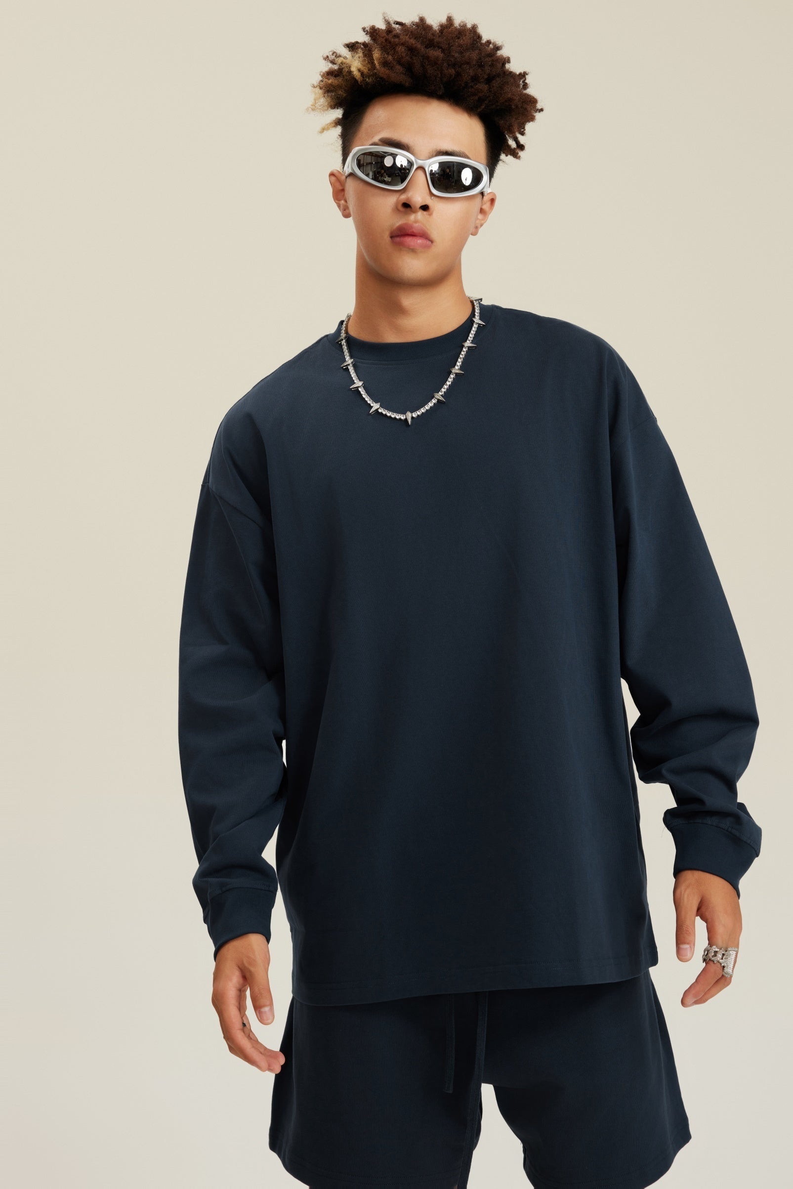 305GSM Unisex Premium Heavyweight Double-Yarn Plain Fabric Earth-Tone Basic Layering Long sleeve Tee