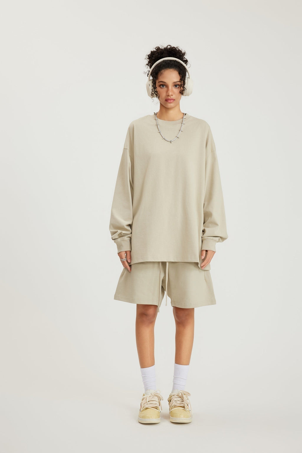 305GSM Unisex Premium Heavyweight Double-Yarn Plain Fabric Earth-Tone Basic Layering Long sleeve Tee
