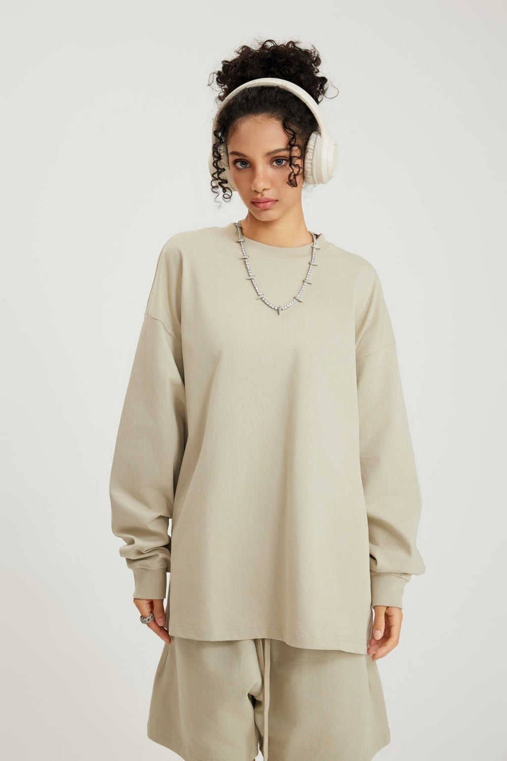305GSM Unisex Premium Heavyweight Double-Yarn Plain Fabric Earth-Tone Basic Layering Long sleeve Tee