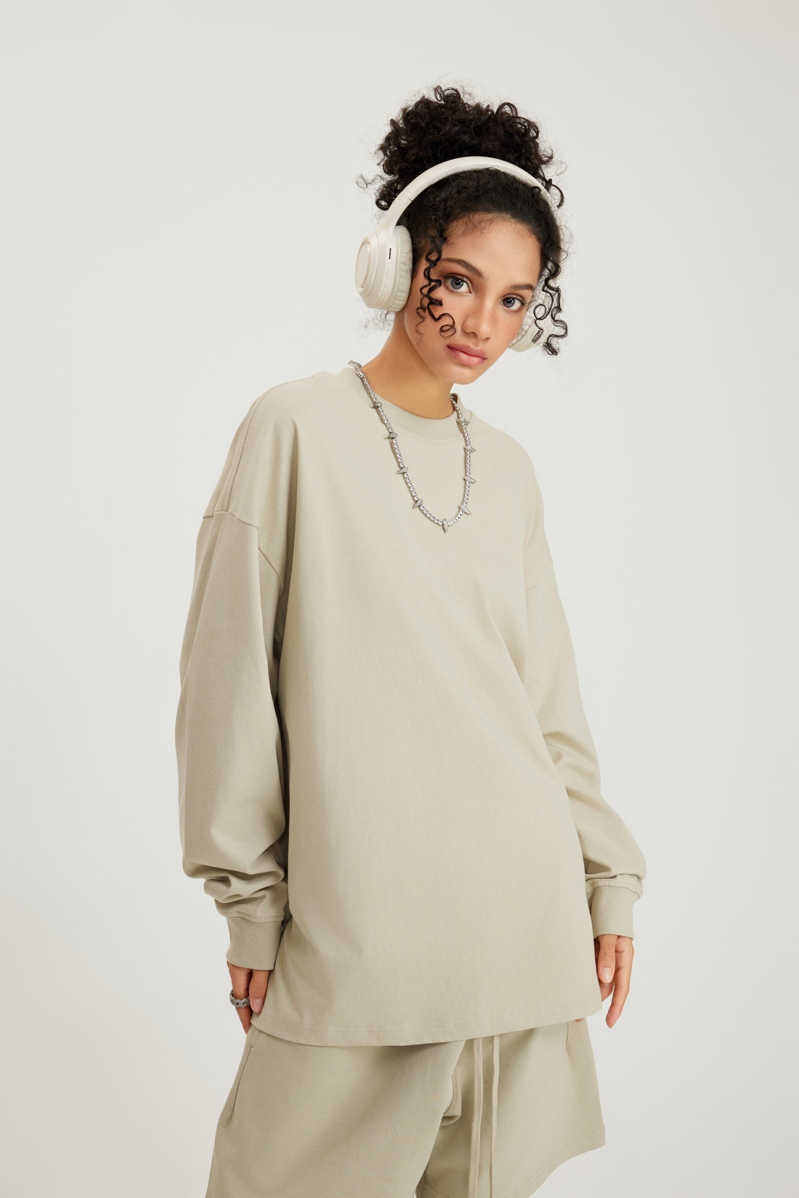 305GSM Unisex Premium Heavyweight Double-Yarn Plain Fabric Earth-Tone Basic Layering Long sleeve Tee