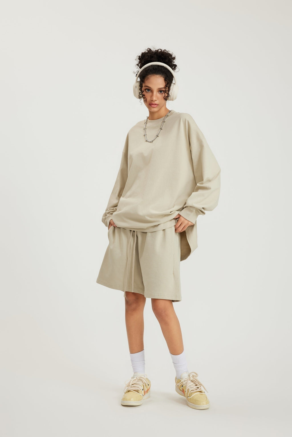 305GSM Unisex Premium Heavyweight Double-Yarn Plain Fabric Earth-Tone Basic Layering Long sleeve Tee