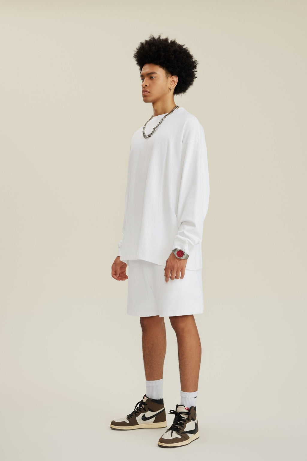 305GSM Unisex Premium Heavyweight Double-Yarn Plain Fabric Earth-Tone Basic Layering Long sleeve Tee