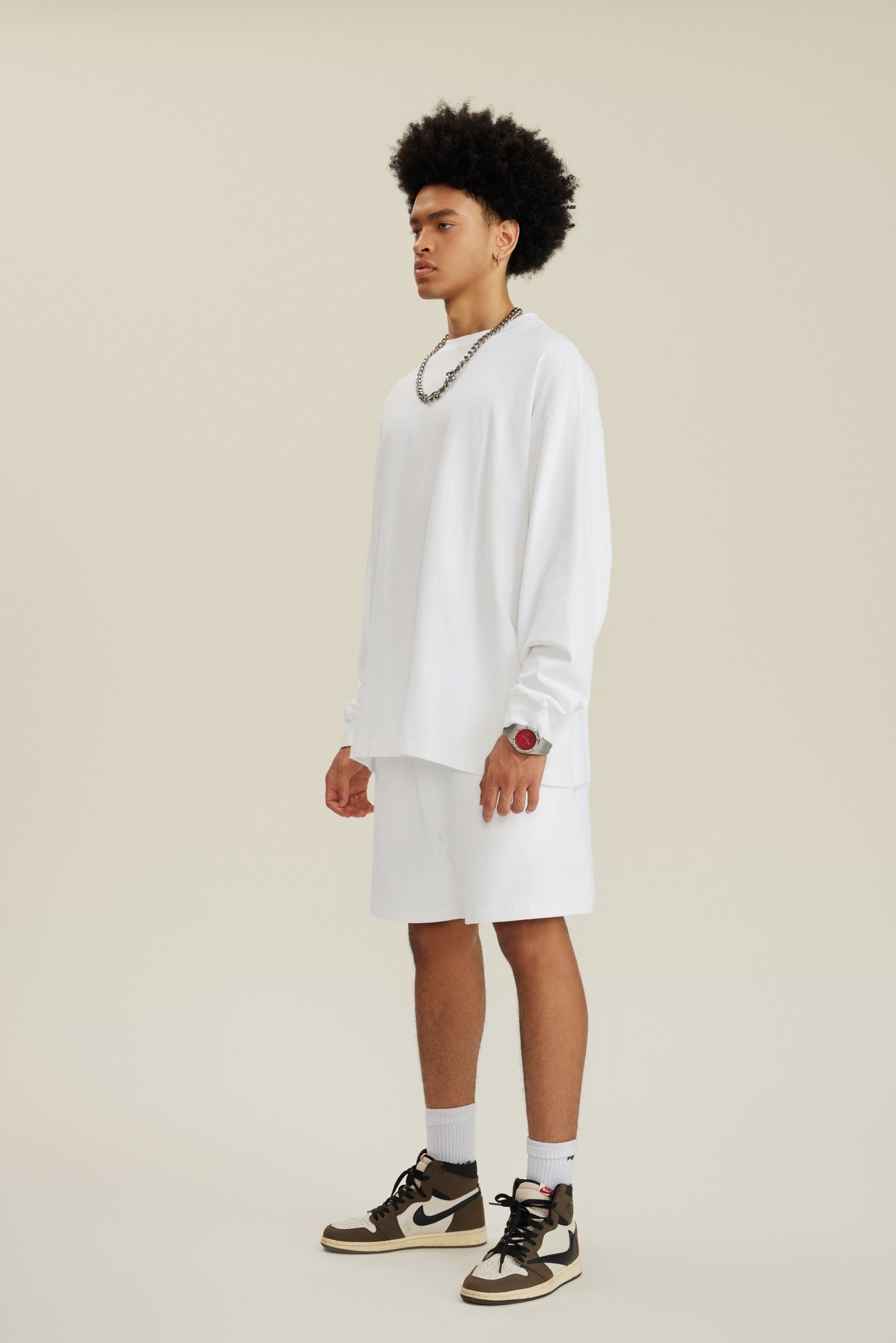 305GSM Unisex Premium Heavyweight Double-Yarn Plain Fabric Earth-Tone Basic Layering Long sleeve Tee