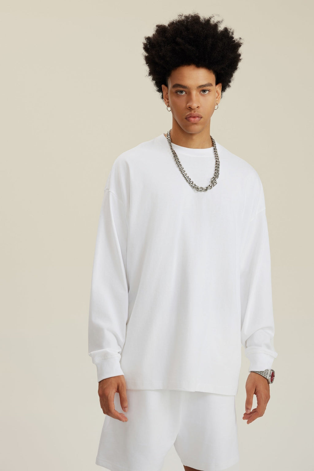 305GSM Unisex Premium Heavyweight Double-Yarn Plain Fabric Earth-Tone Basic Layering Long sleeve Tee