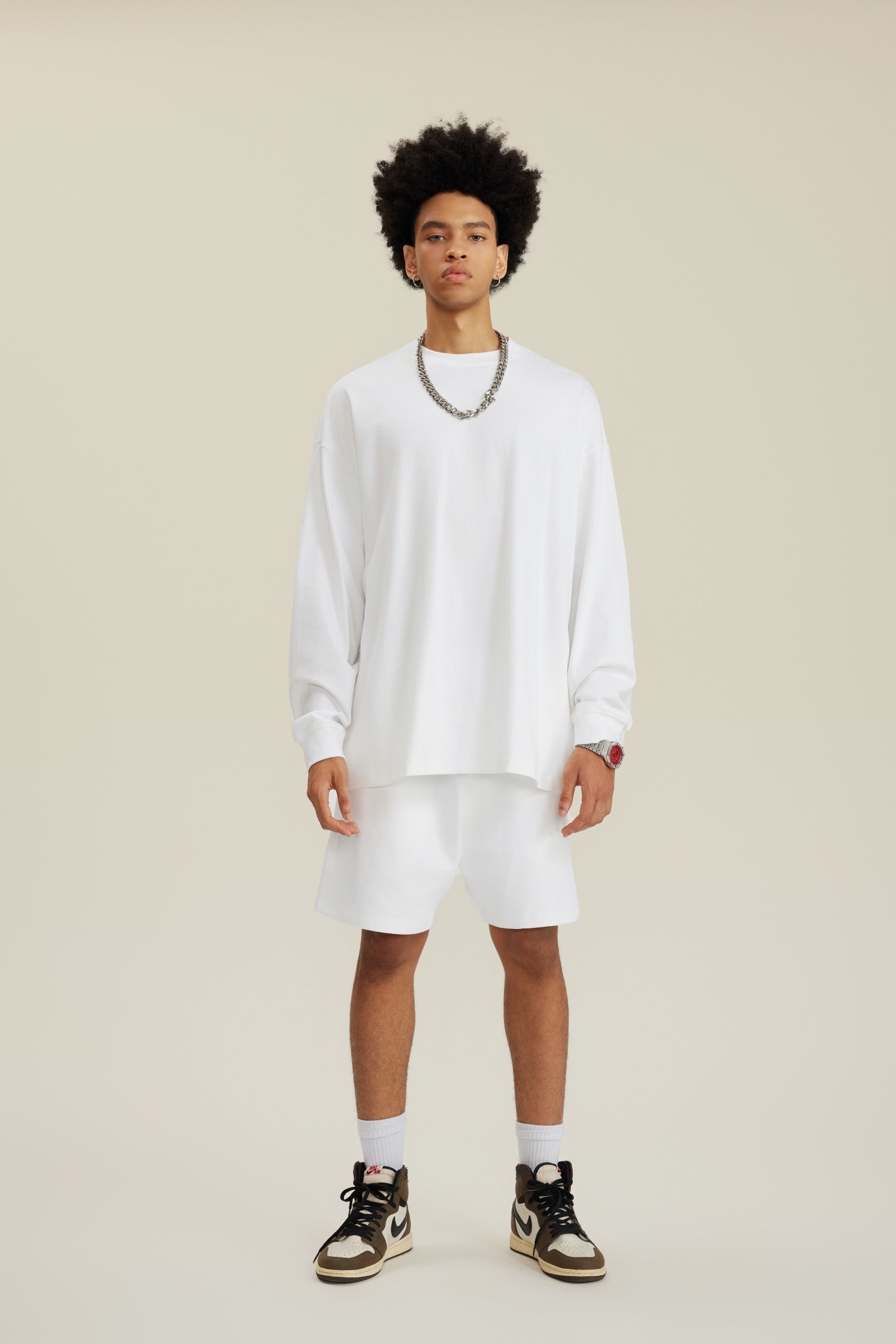 305GSM Unisex Premium Heavyweight Double-Yarn Plain Fabric Earth-Tone Basic Layering Long sleeve Tee
