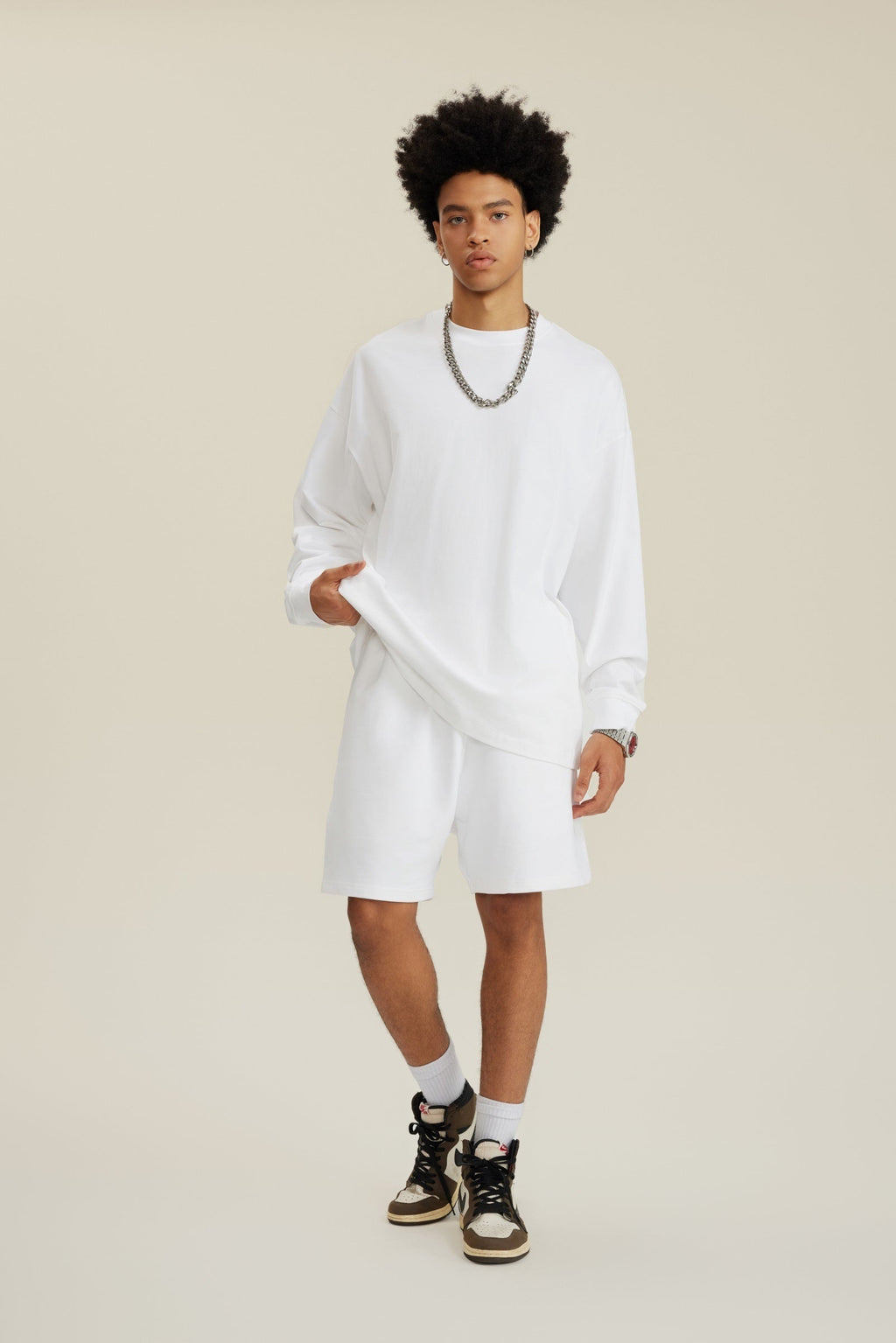 305GSM Unisex Premium Heavyweight Double-Yarn Plain Fabric Earth-Tone Basic Layering Long sleeve Tee