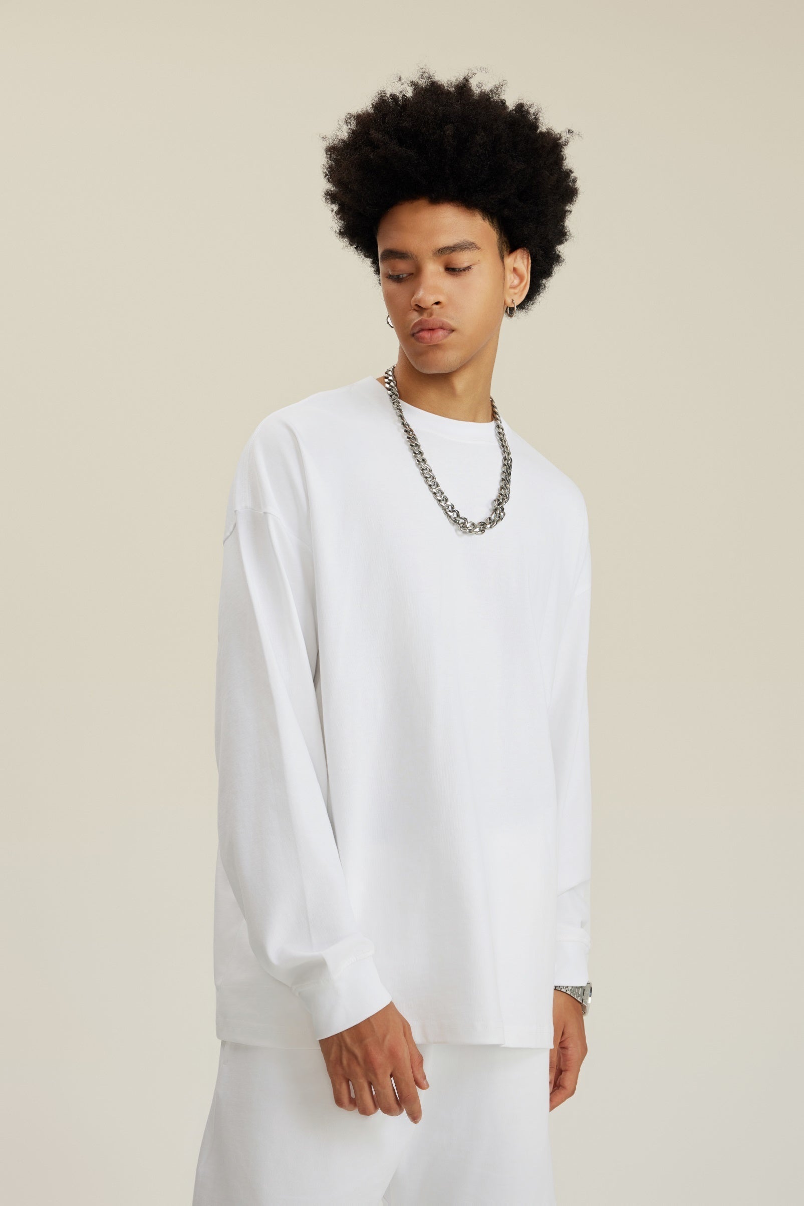305GSM Unisex Premium Heavyweight Double-Yarn Plain Fabric Earth-Tone Basic Layering Long sleeve Tee