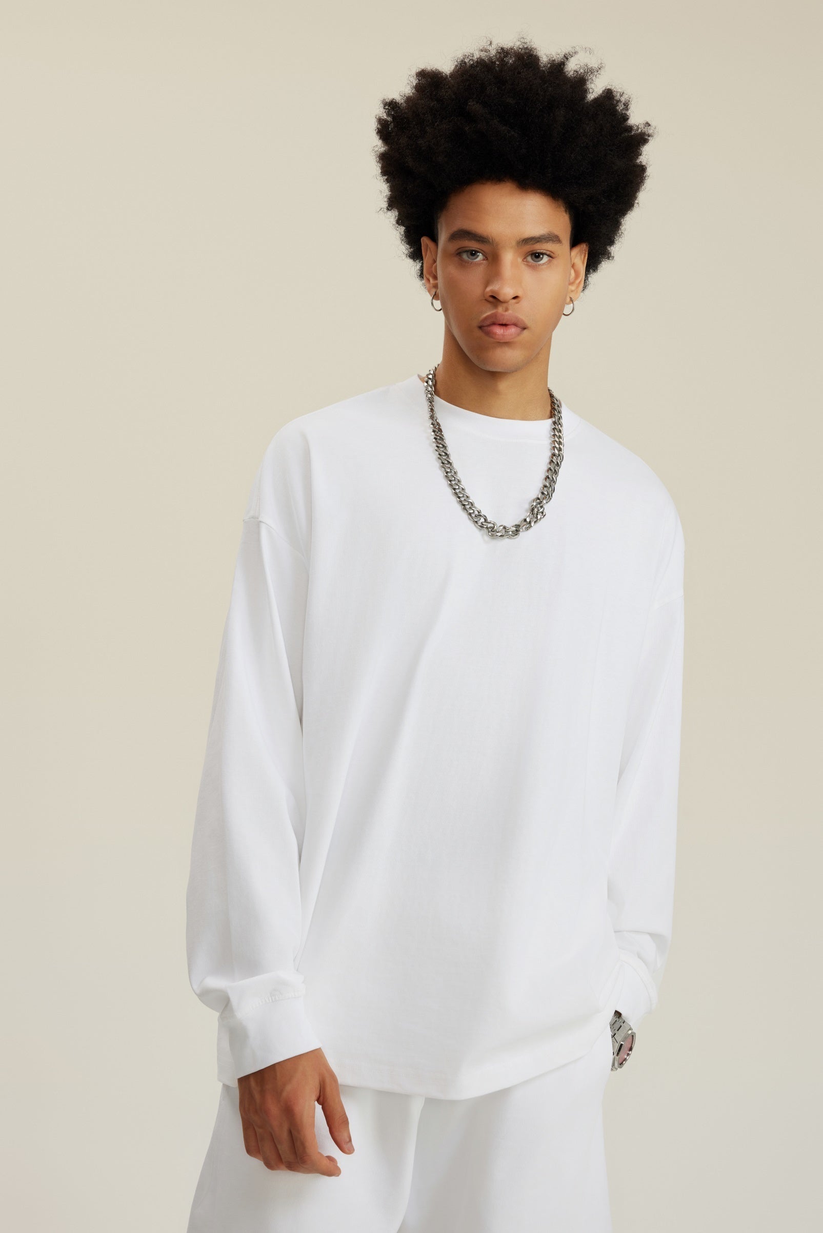 305GSM Unisex Premium Heavyweight Double-Yarn Plain Fabric Earth-Tone Basic Layering Long sleeve Tee