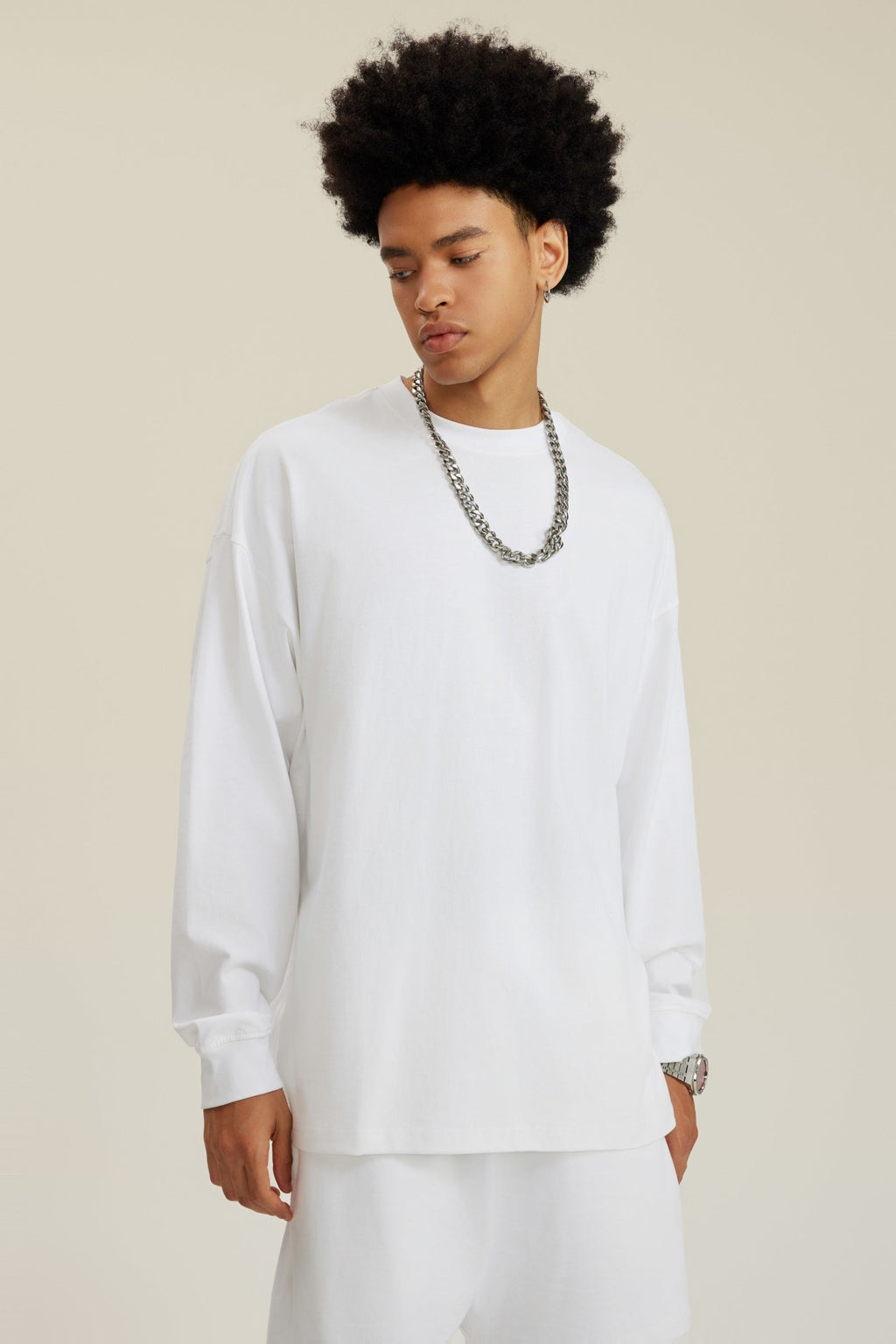 305GSM Unisex Premium Heavyweight Double-Yarn Plain Fabric Earth-Tone Basic Layering Long sleeve Tee