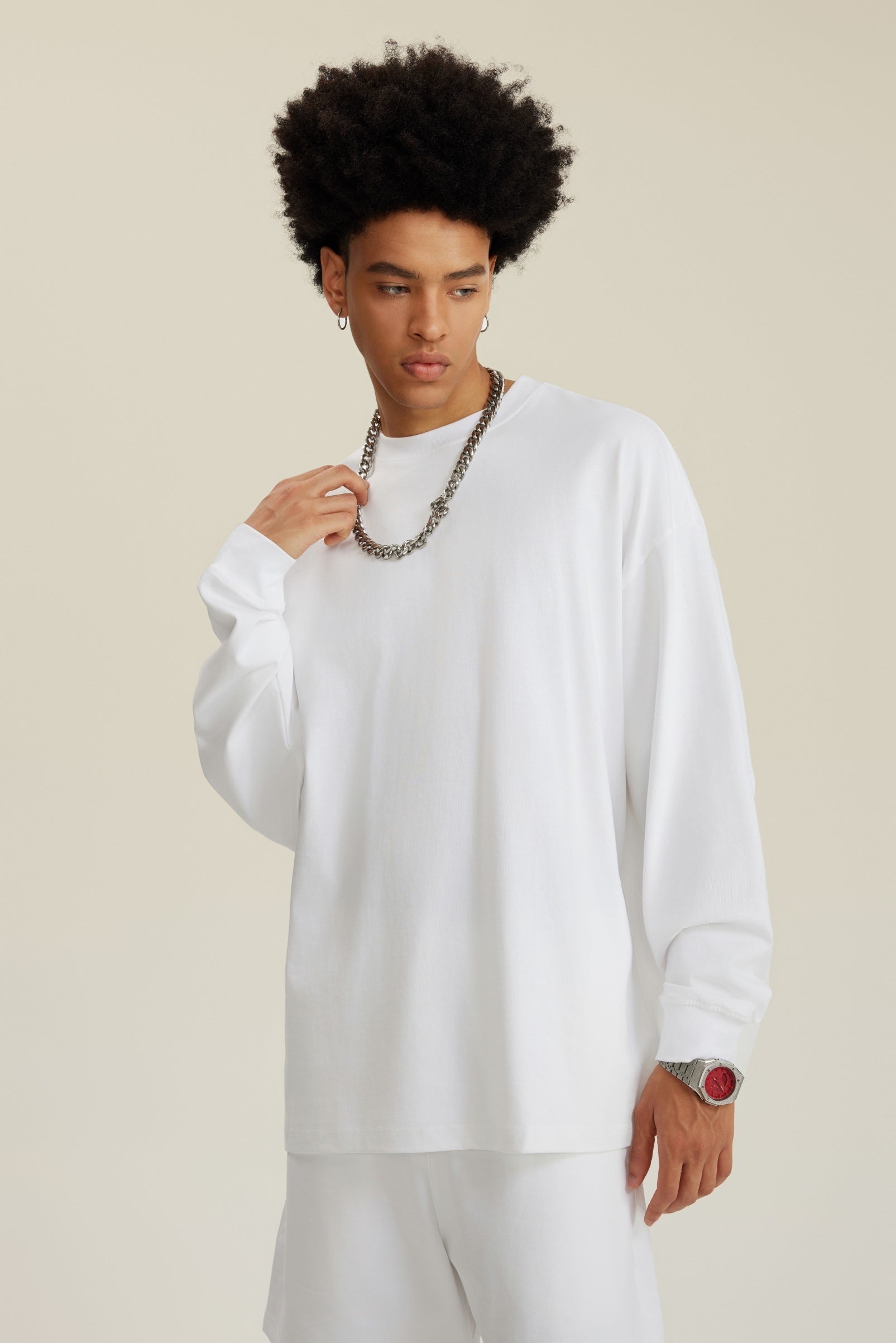 305GSM Unisex Premium Heavyweight Double-Yarn Plain Fabric Earth-Tone Basic Layering Long sleeve Tee