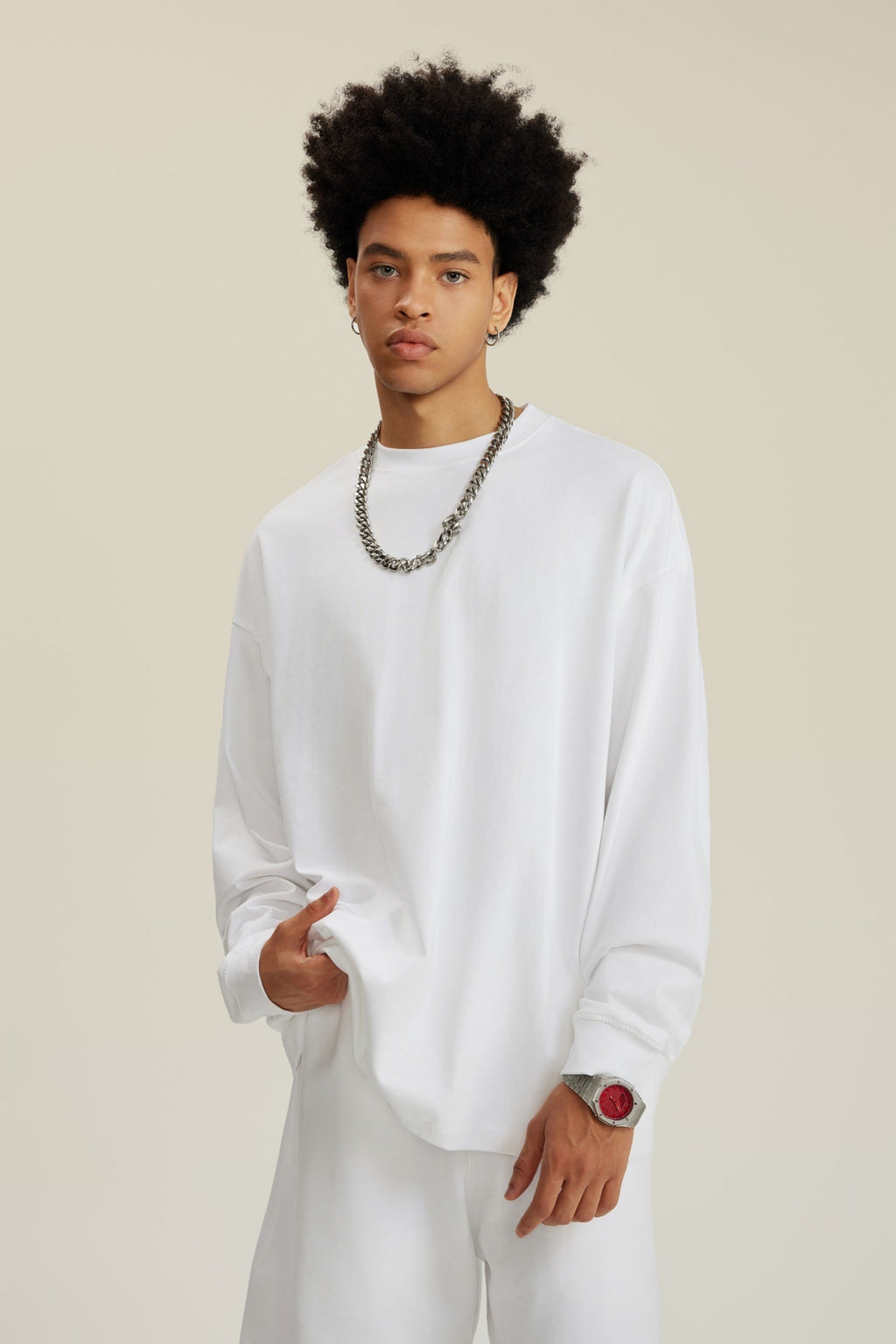 305GSM Unisex Premium Heavyweight Double-Yarn Plain Fabric Earth-Tone Basic Layering Long sleeve Tee
