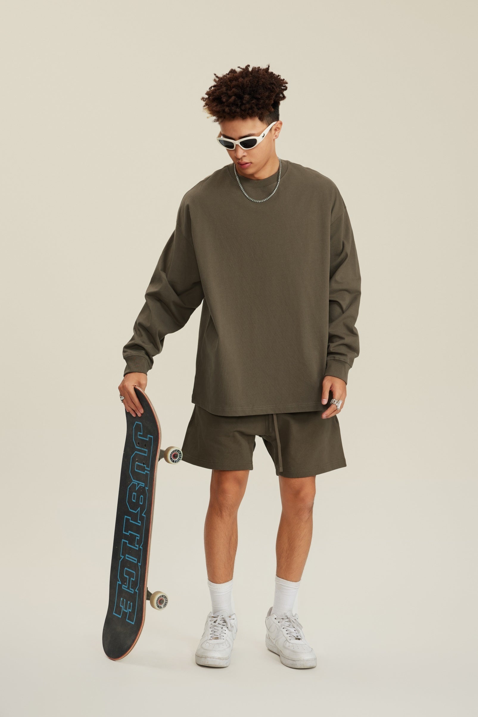 305GSM Unisex Premium Heavyweight Double-Yarn Plain Fabric Earth-Tone Basic Layering Long sleeve Tee