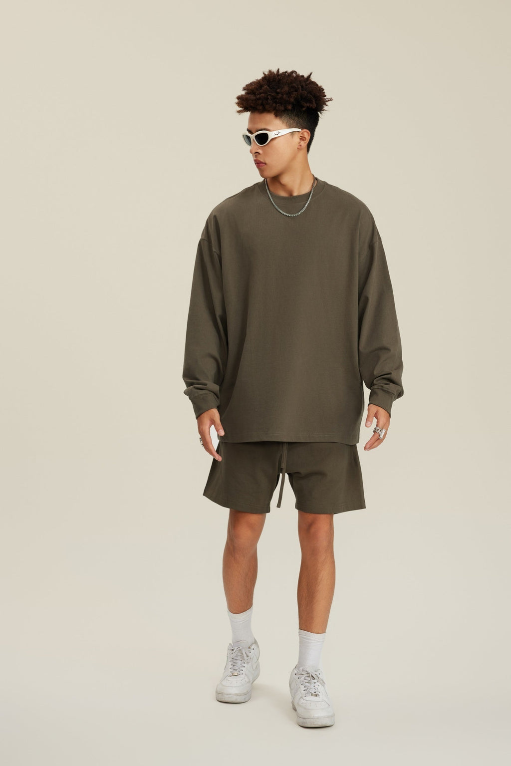 305GSM Unisex Premium Heavyweight Double-Yarn Plain Fabric Earth-Tone Basic Layering Long sleeve Tee