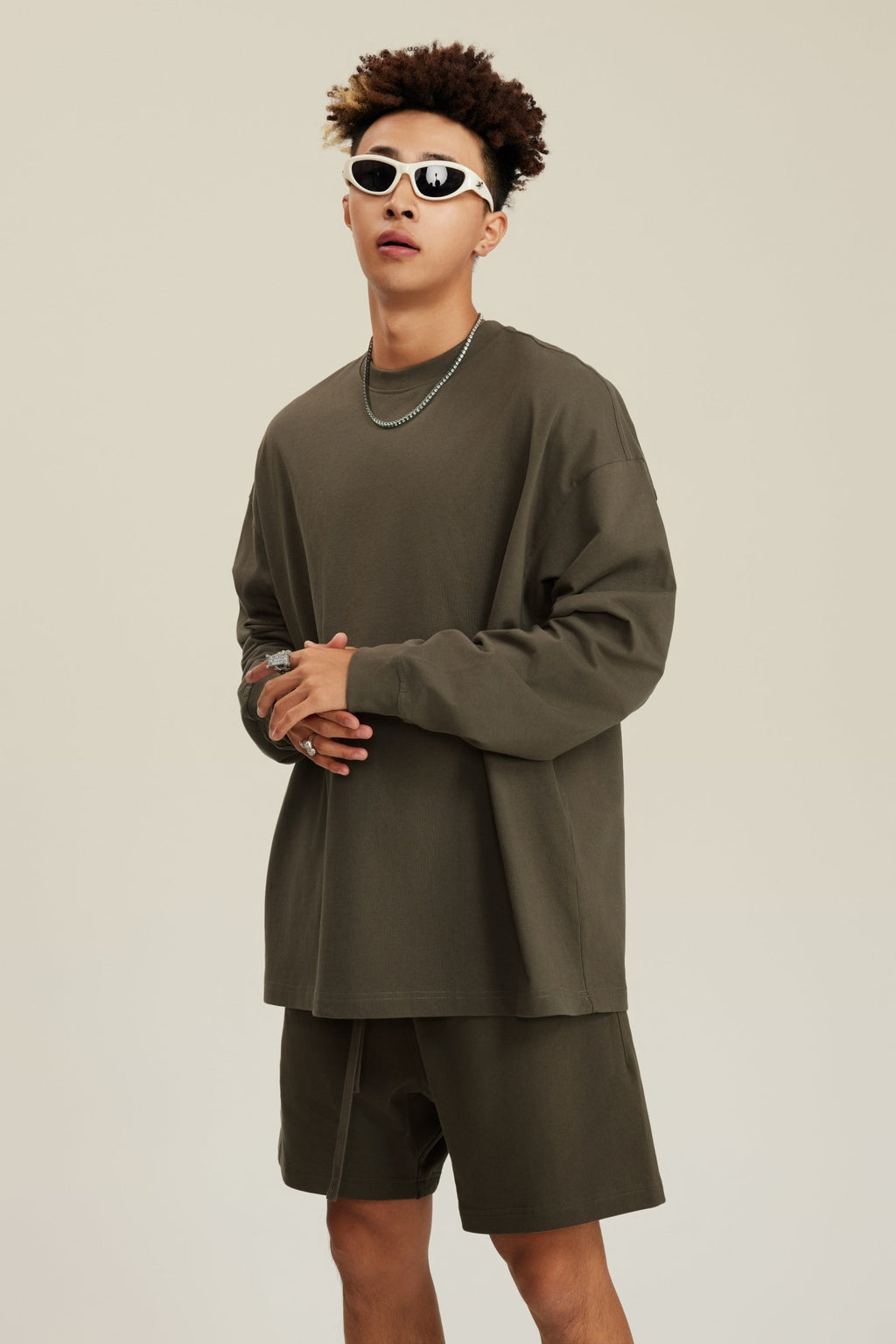 305GSM Unisex Premium Heavyweight Double-Yarn Plain Fabric Earth-Tone Basic Layering Long sleeve Tee