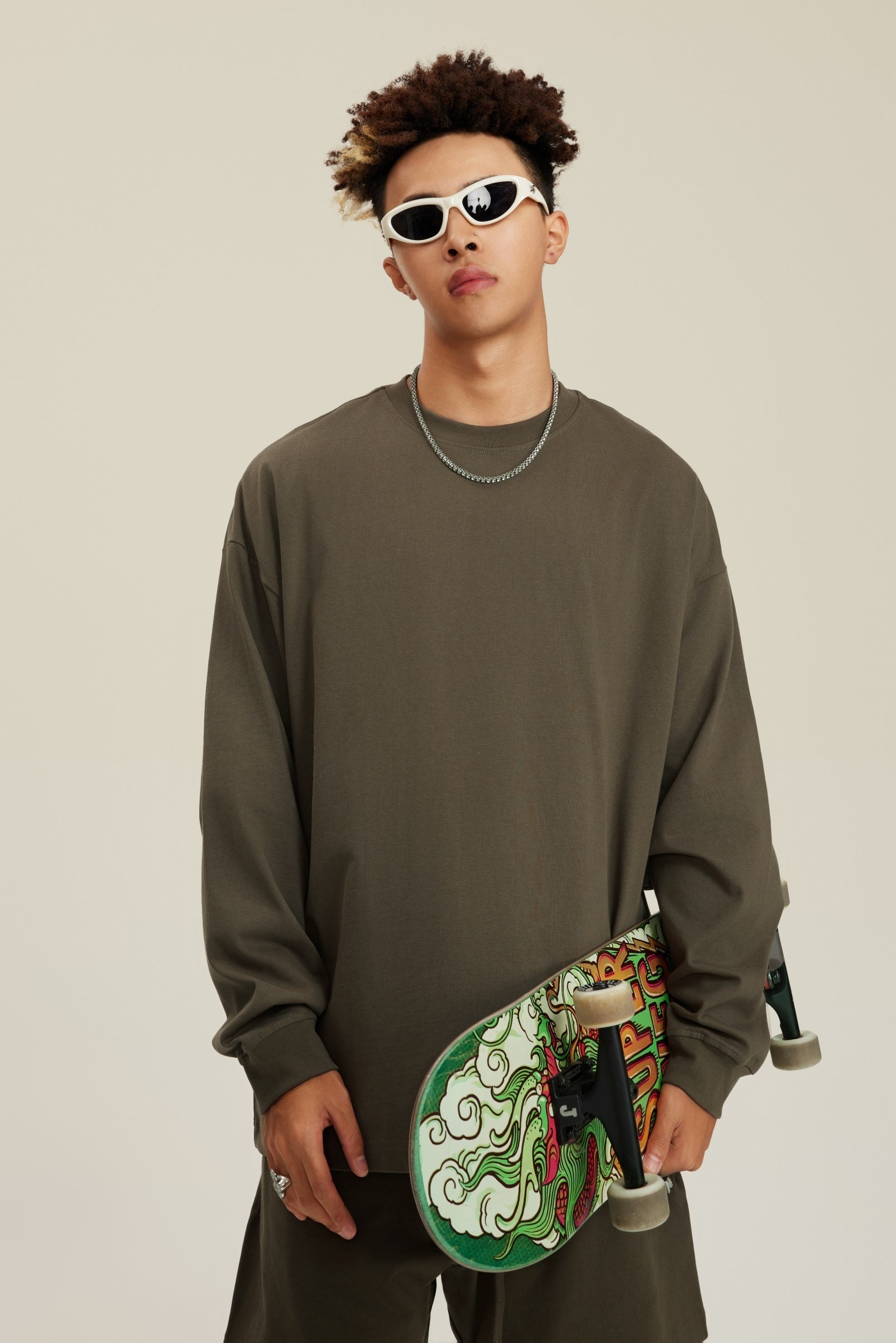 305GSM Unisex Premium Heavyweight Double-Yarn Plain Fabric Earth-Tone Basic Layering Long sleeve Tee