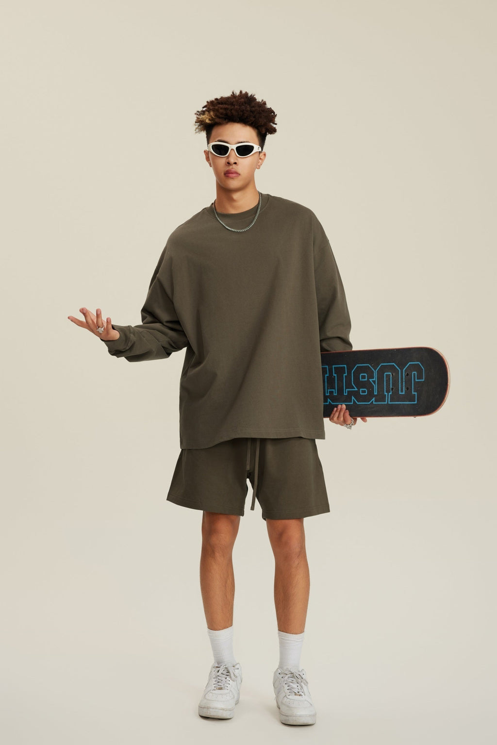 305GSM Unisex Premium Heavyweight Double-Yarn Plain Fabric Earth-Tone Basic Layering Long sleeve Tee