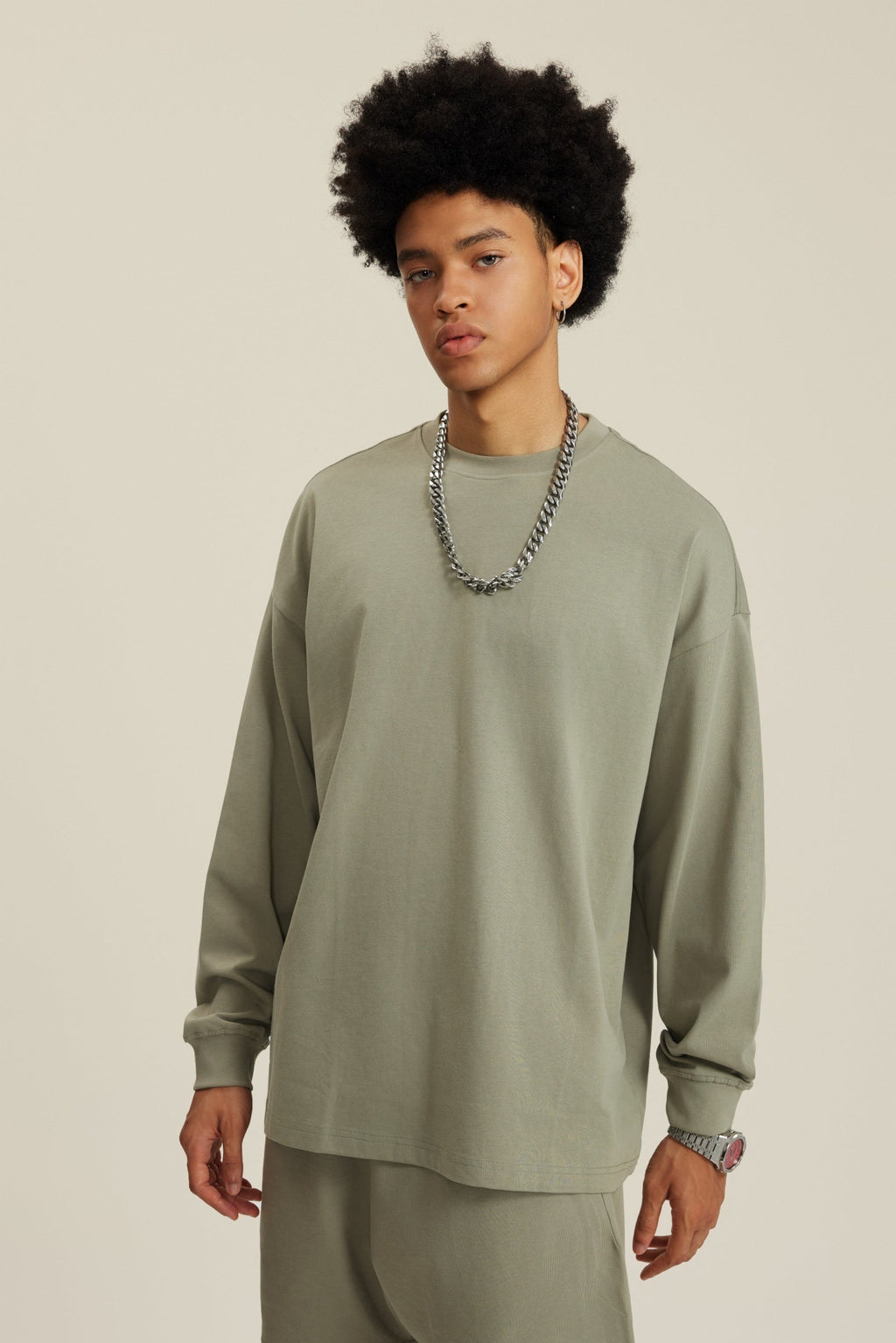 305GSM Unisex Premium Heavyweight Double-Yarn Plain Fabric Earth-Tone Basic Layering Long sleeve Tee