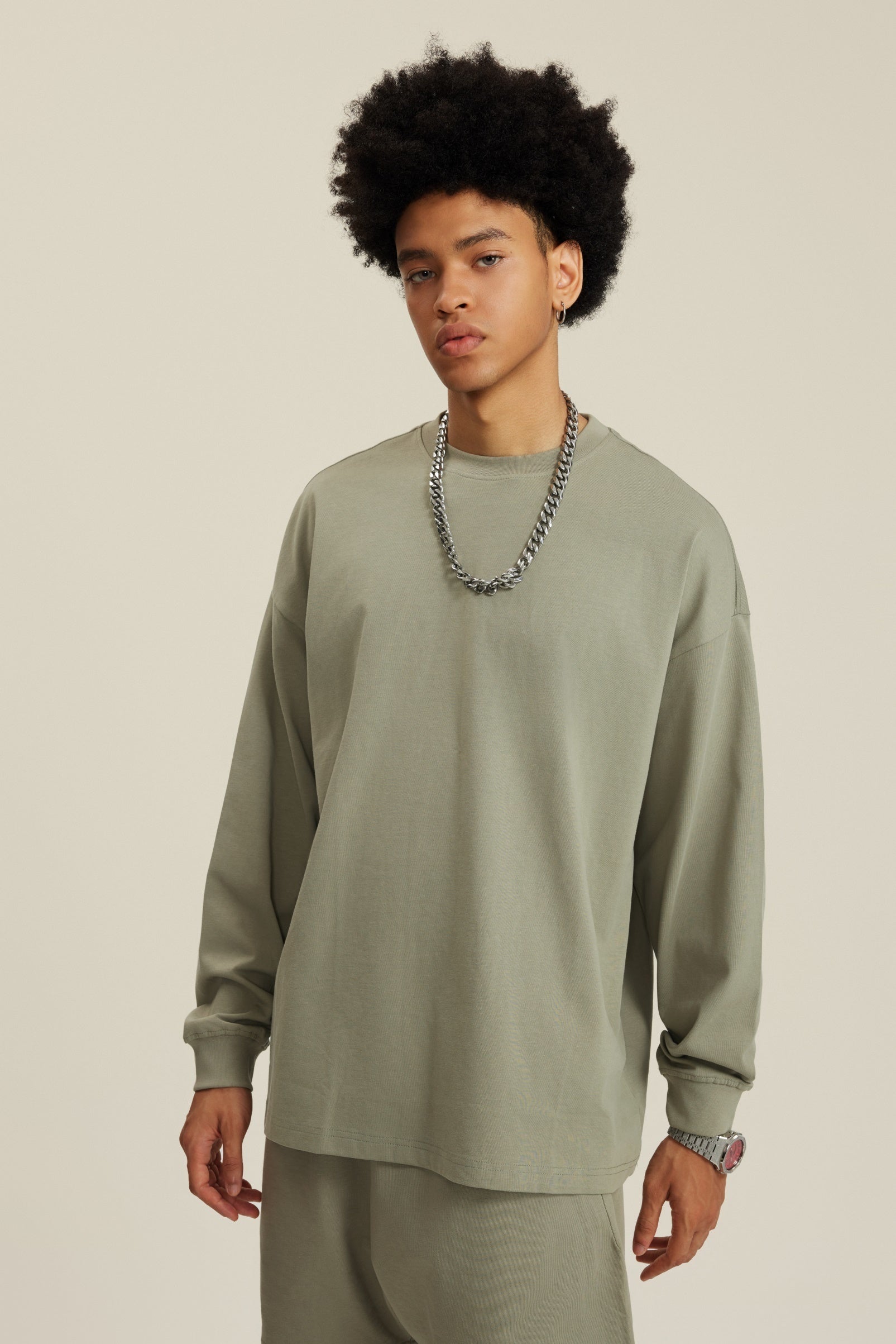 305GSM Unisex Premium Heavyweight Double-Yarn Plain Fabric Earth-Tone Basic Layering Long sleeve Tee