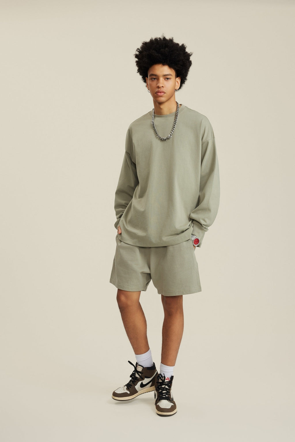 305GSM Unisex Premium Heavyweight Double-Yarn Plain Fabric Earth-Tone Basic Layering Long sleeve Tee