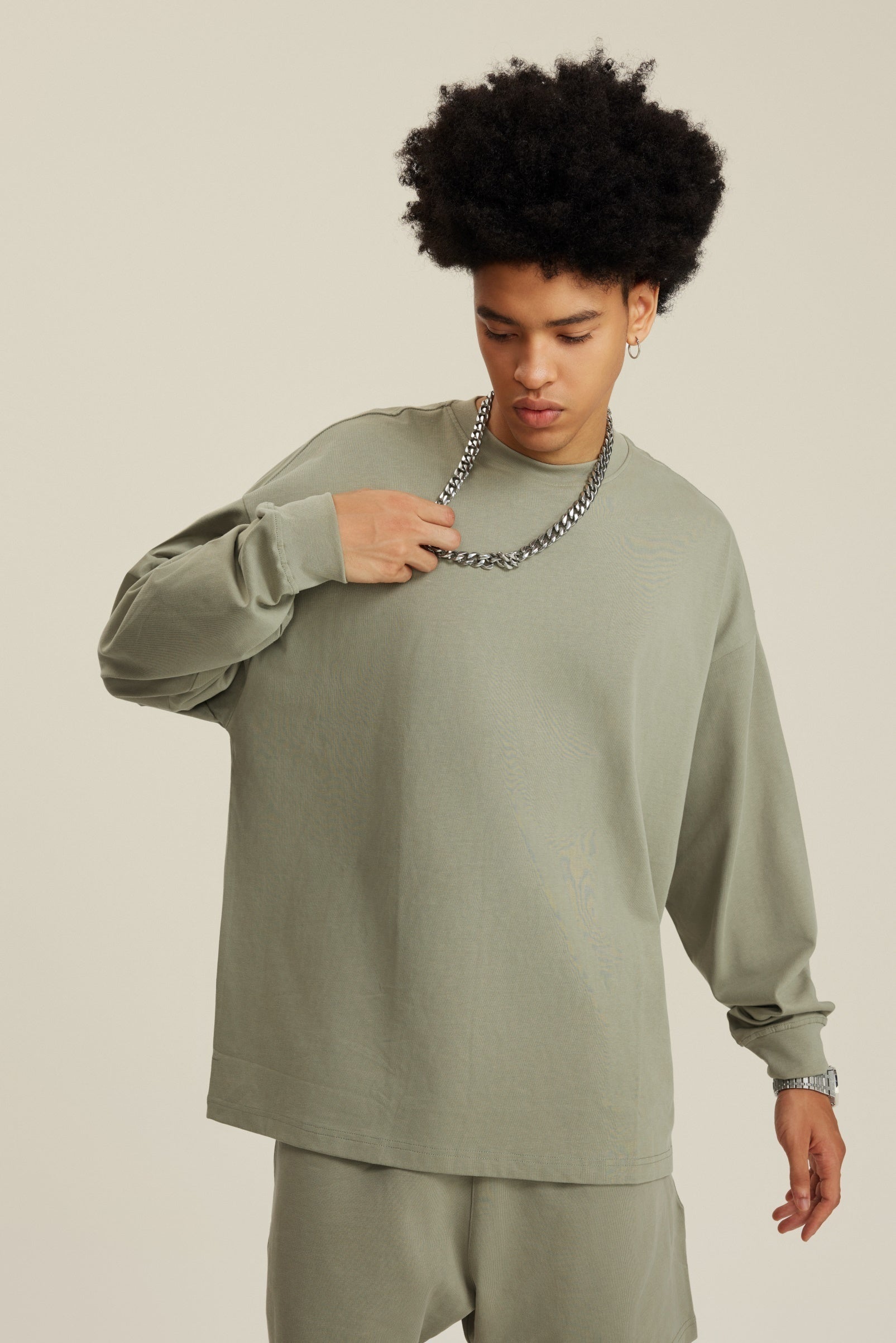 305GSM Unisex Premium Heavyweight Double-Yarn Plain Fabric Earth-Tone Basic Layering Long sleeve Tee