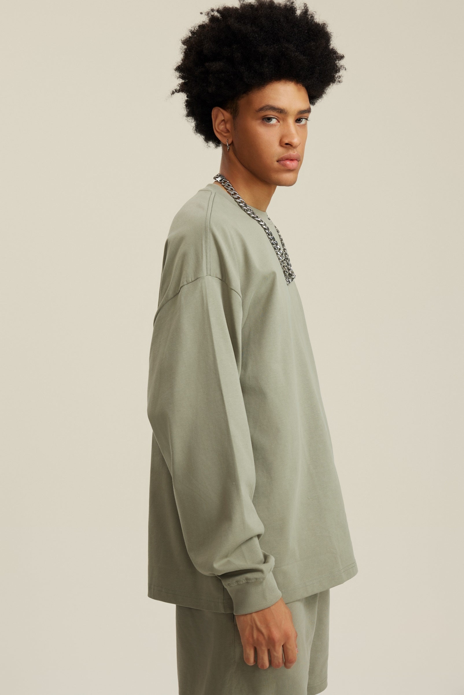 305GSM Unisex Premium Heavyweight Double-Yarn Plain Fabric Earth-Tone Basic Layering Long sleeve Tee