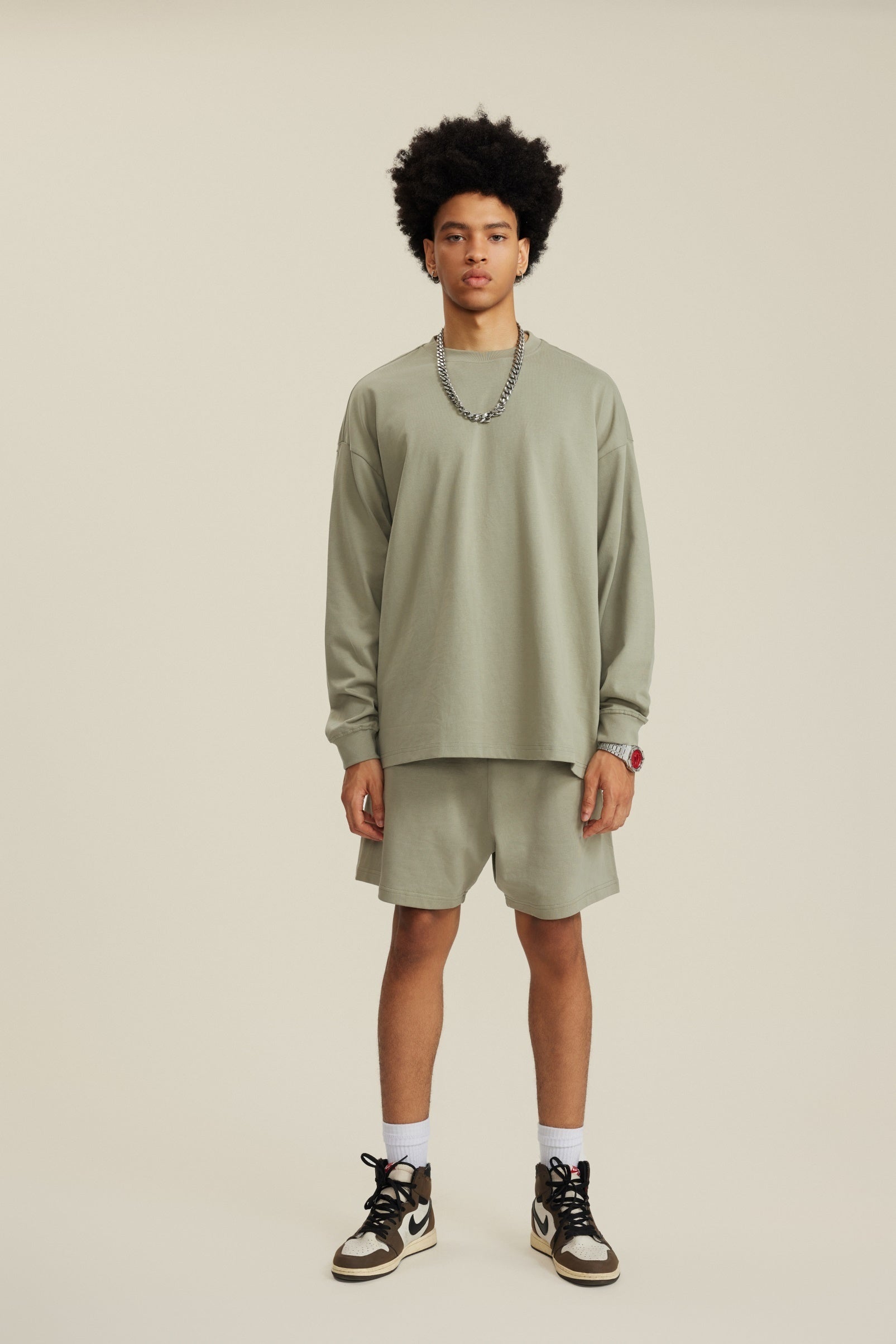 305GSM Unisex Premium Heavyweight Double-Yarn Plain Fabric Earth-Tone Basic Layering Long sleeve Tee