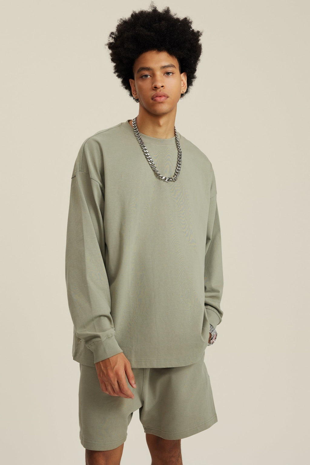 305GSM Unisex Premium Heavyweight Double-Yarn Plain Fabric Earth-Tone Basic Layering Long sleeve Tee
