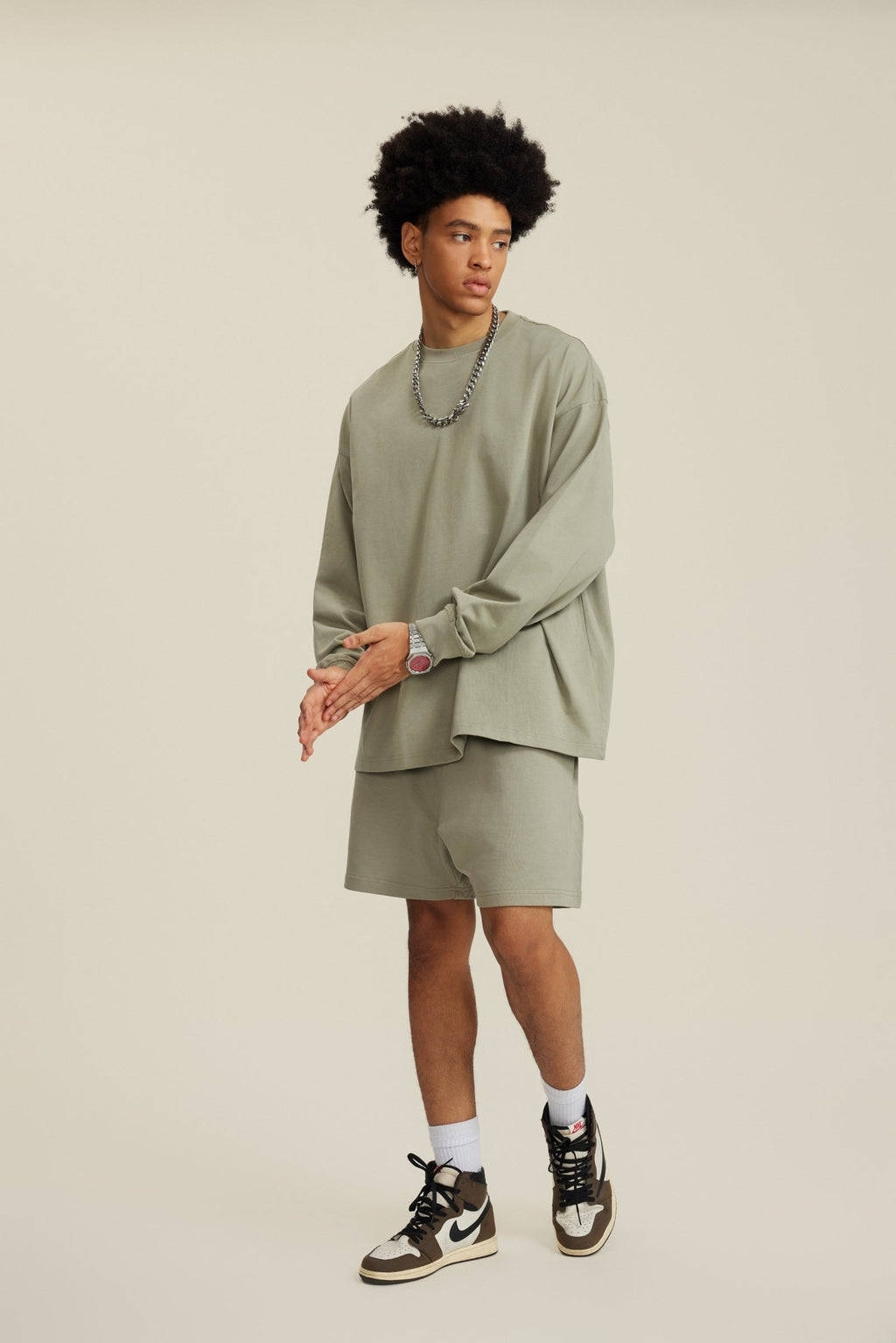 305GSM Unisex Premium Heavyweight Double-Yarn Plain Fabric Earth-Tone Basic Layering Long sleeve Tee