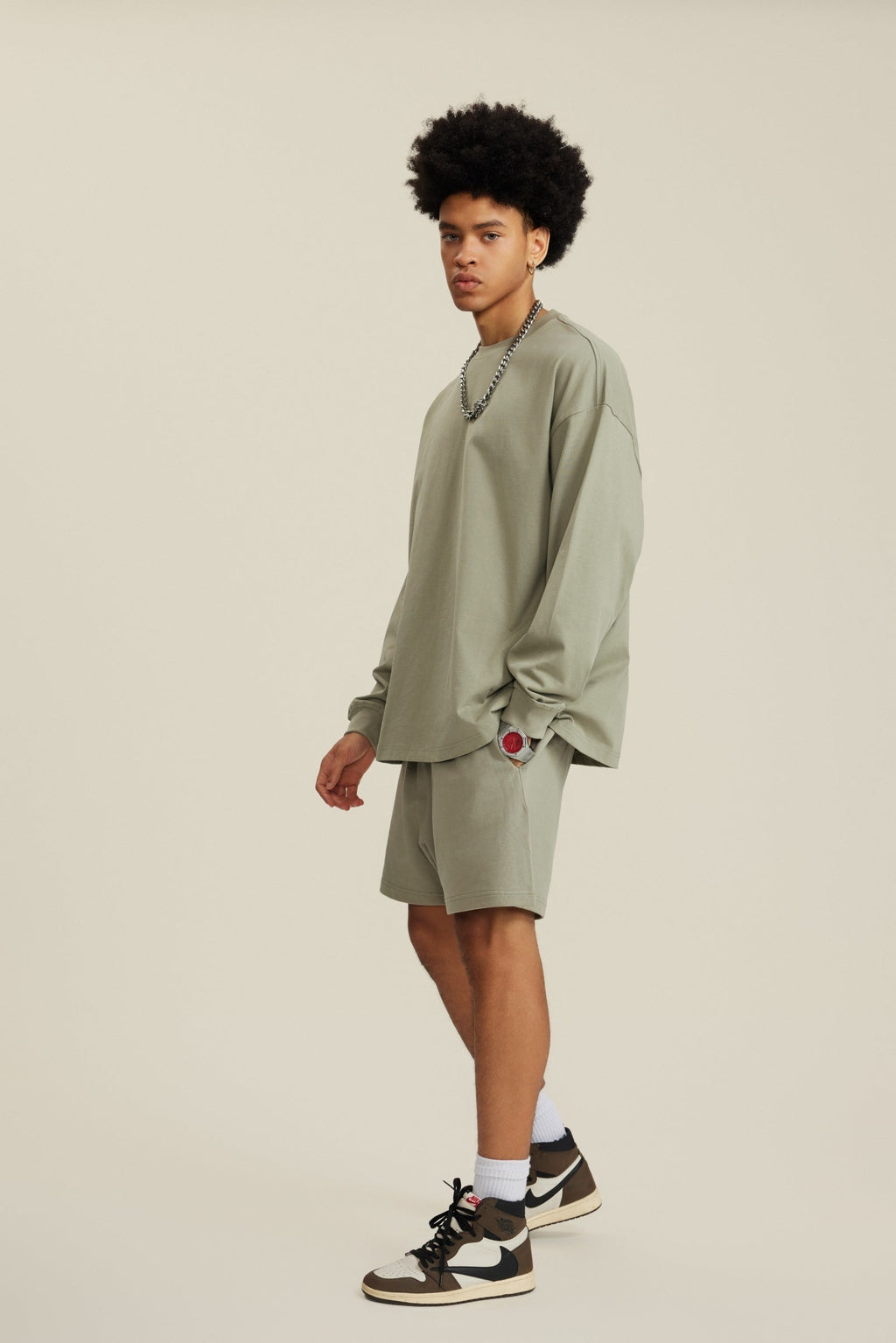 305GSM Unisex Premium Heavyweight Double-Yarn Plain Fabric Earth-Tone Basic Layering Long sleeve Tee