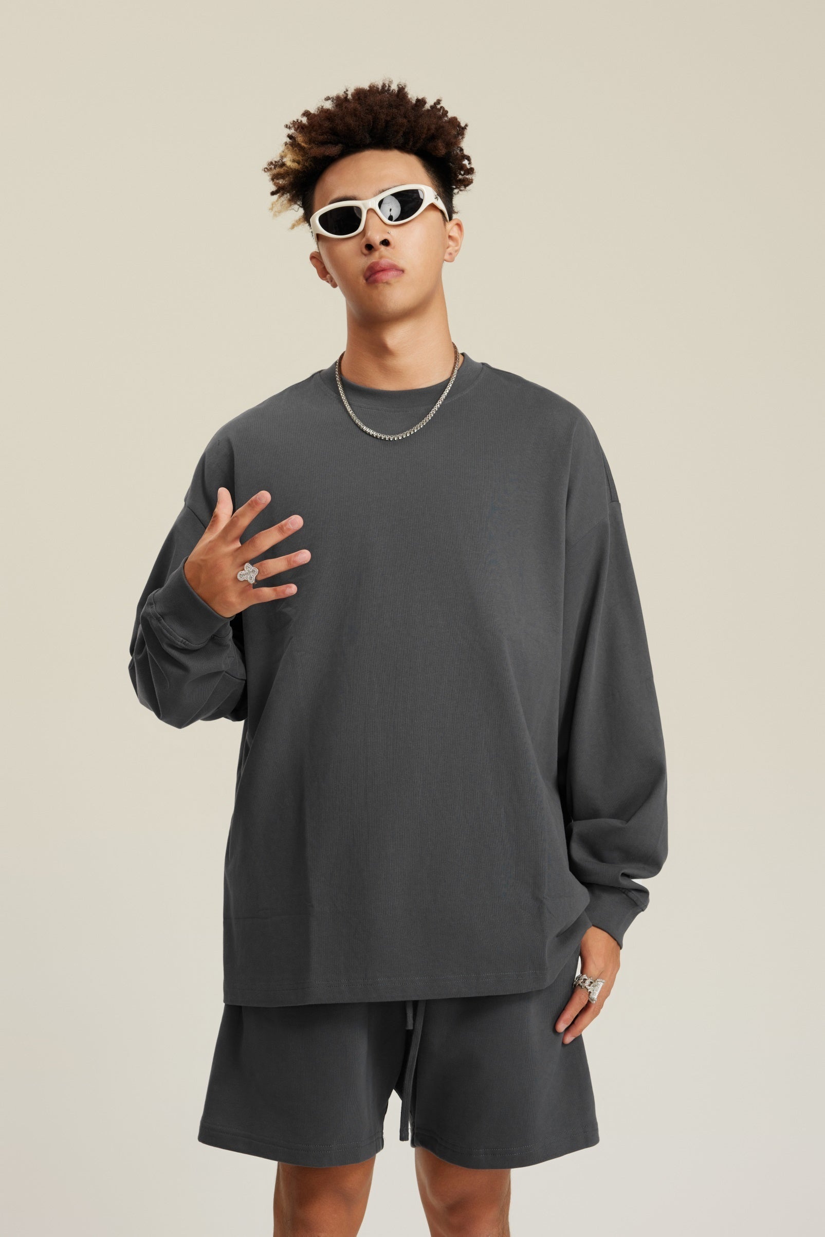 305GSM Unisex Premium Heavyweight Double-Yarn Plain Fabric Earth-Tone Basic Layering Long sleeve Tee