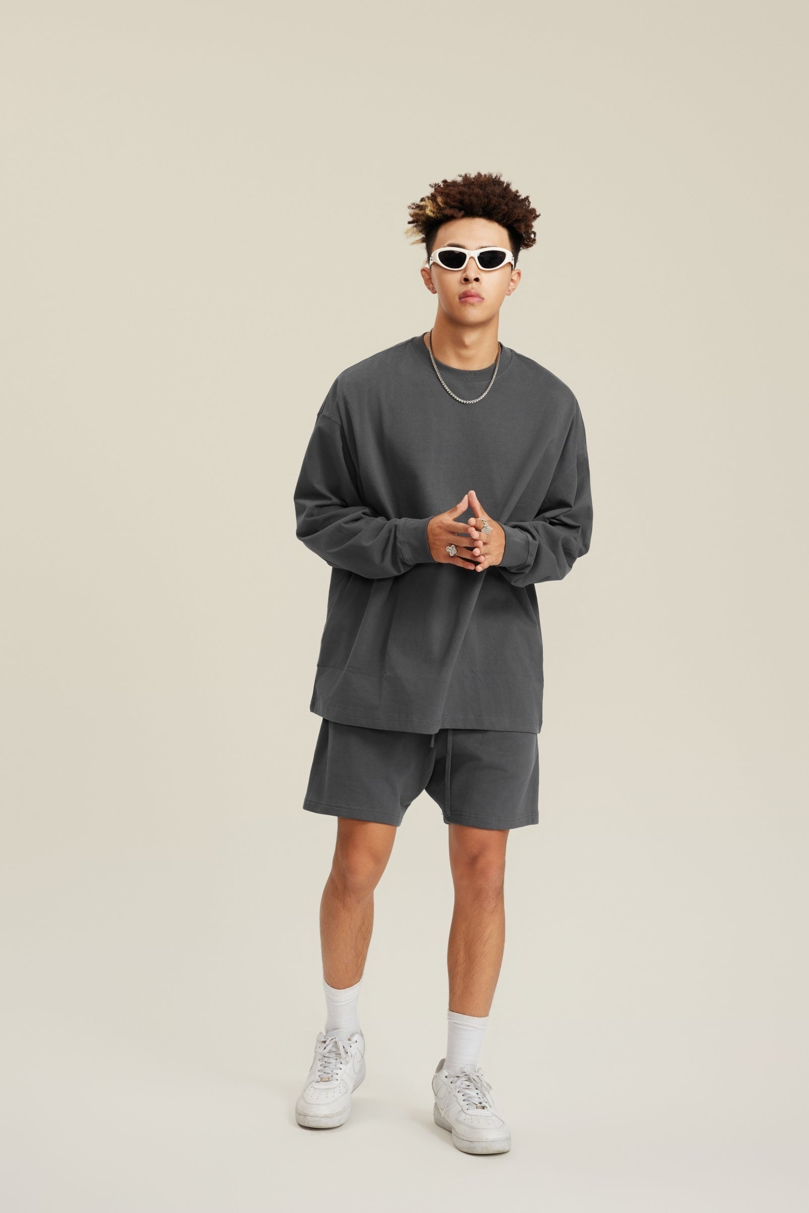 305GSM Unisex Premium Heavyweight Double-Yarn Plain Fabric Earth-Tone Basic Layering Long sleeve Tee