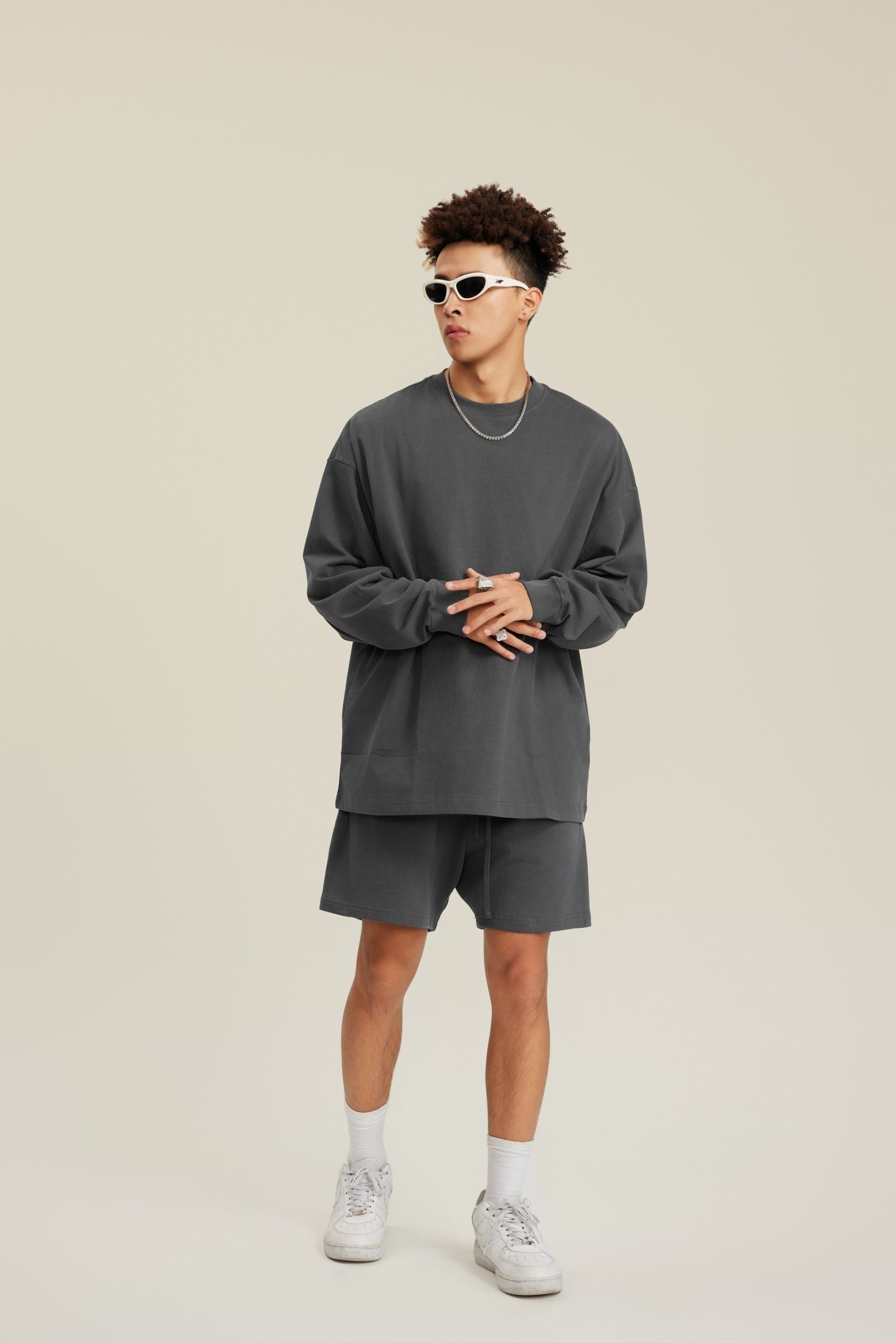 305GSM Unisex Premium Heavyweight Double-Yarn Plain Fabric Earth-Tone Basic Layering Long sleeve Tee
