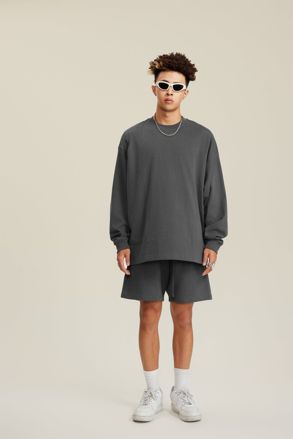 305GSM Unisex Premium Heavyweight Double-Yarn Plain Fabric Earth-Tone Basic Layering Long sleeve Tee