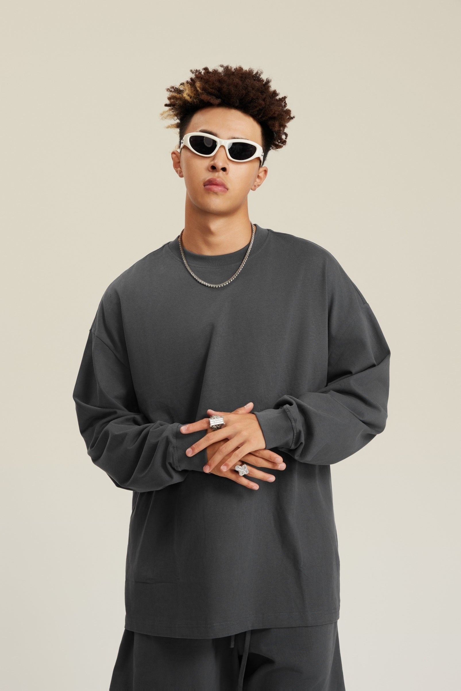 305GSM Unisex Premium Heavyweight Double-Yarn Plain Fabric Earth-Tone Basic Layering Long sleeve Tee