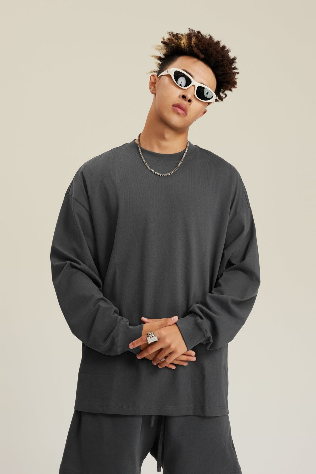 305GSM Unisex Premium Heavyweight Double-Yarn Plain Fabric Earth-Tone Basic Layering Long sleeve Tee