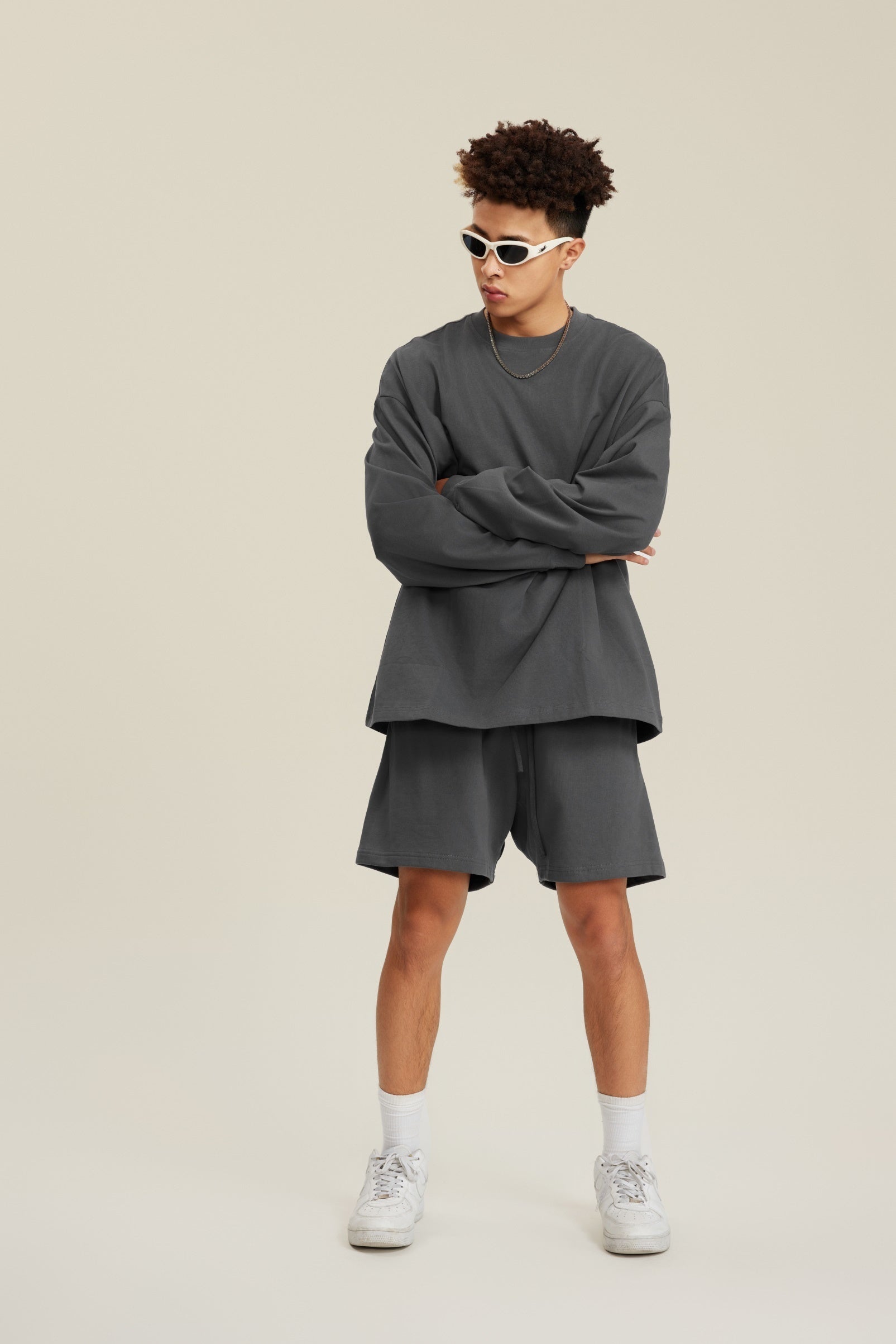 305GSM Unisex Premium Heavyweight Double-Yarn Plain Fabric Earth-Tone Basic Layering Long sleeve Tee