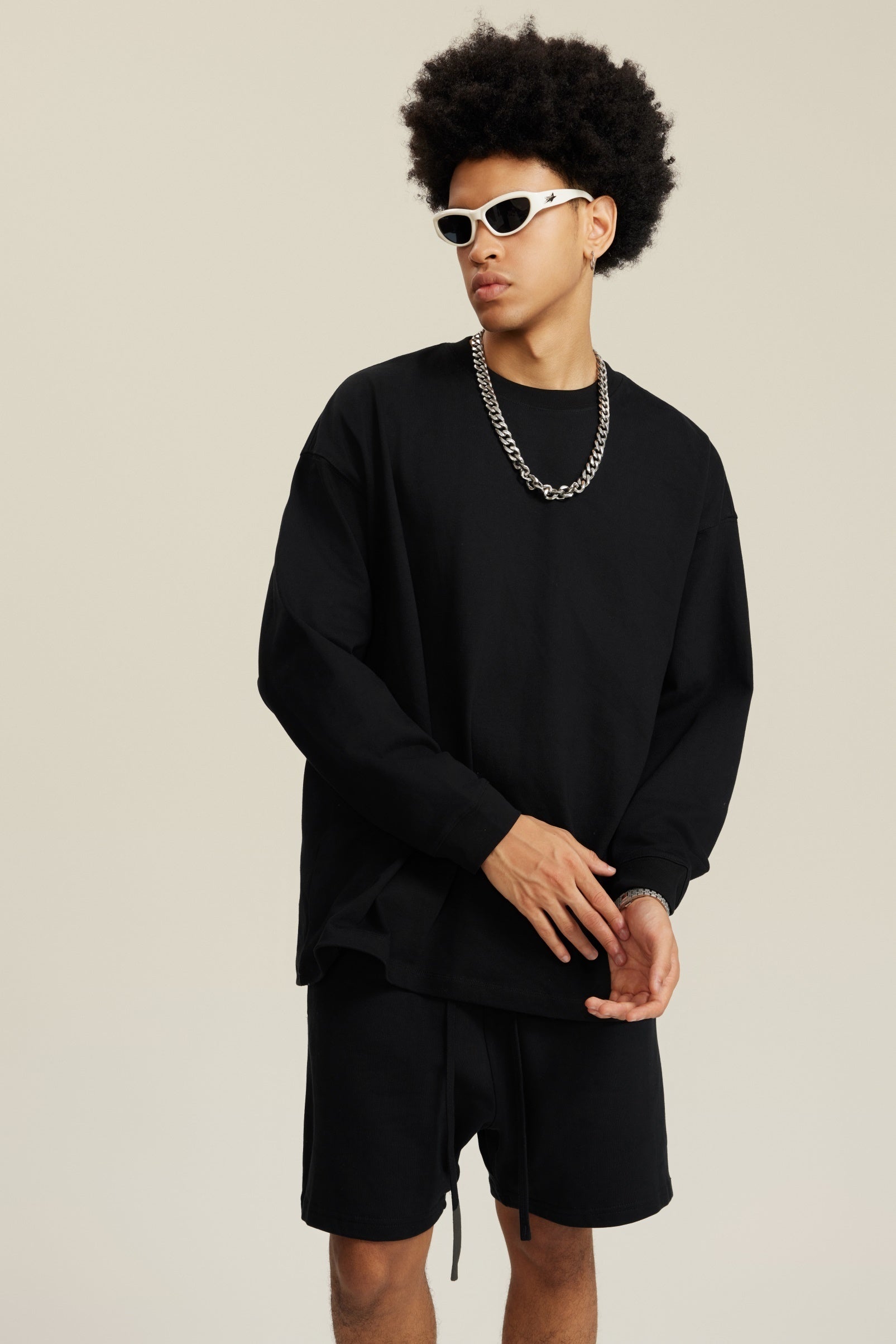 305GSM Unisex Premium Heavyweight Double-Yarn Plain Fabric Earth-Tone Basic Layering Long sleeve Tee