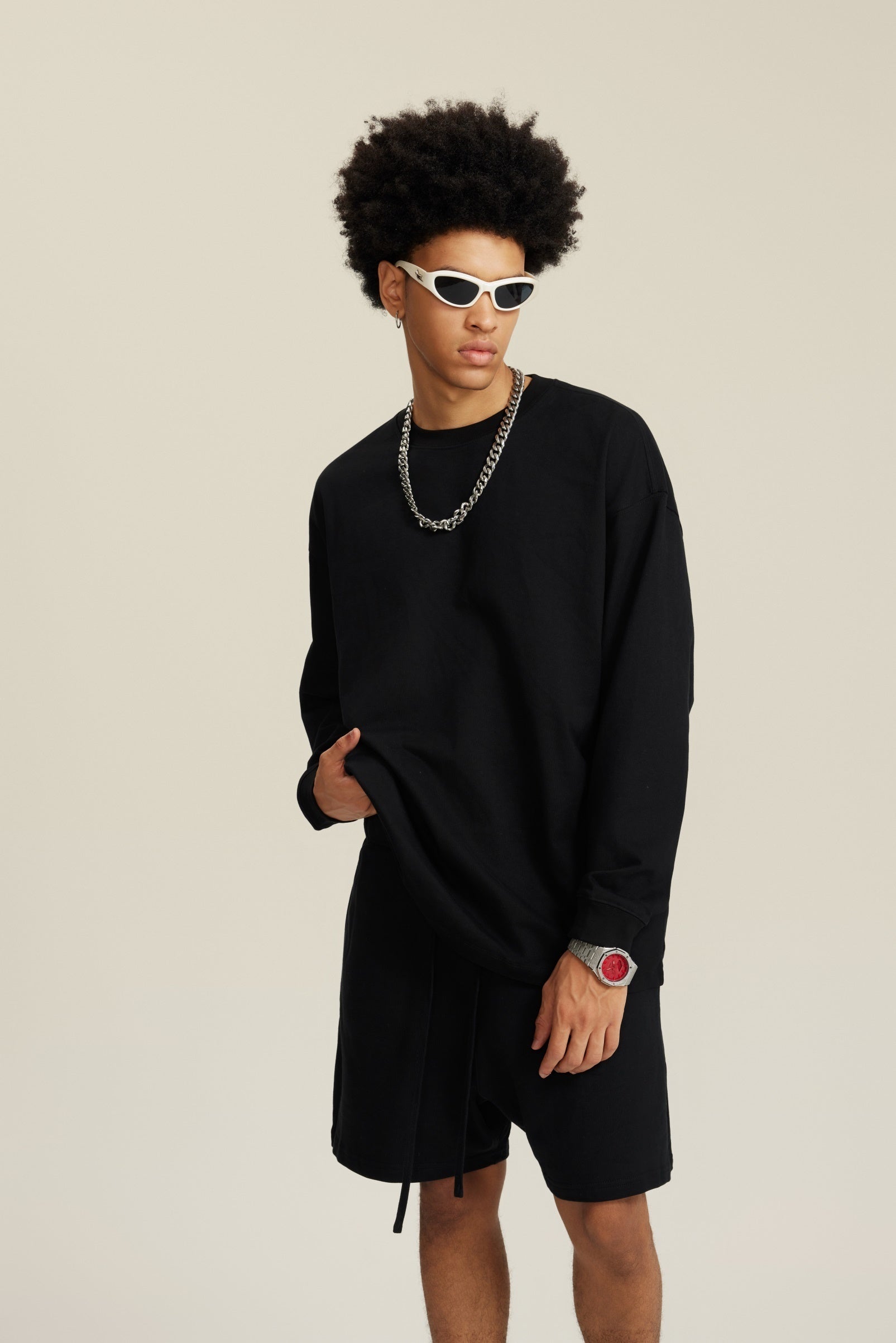 305GSM Unisex Premium Heavyweight Double-Yarn Plain Fabric Earth-Tone Basic Layering Long sleeve Tee