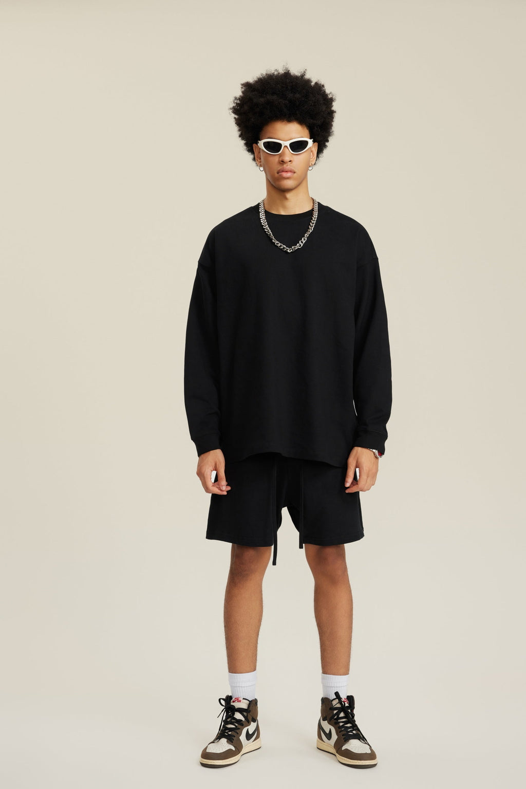 305GSM Unisex Premium Heavyweight Double-Yarn Plain Fabric Earth-Tone Basic Layering Long sleeve Tee