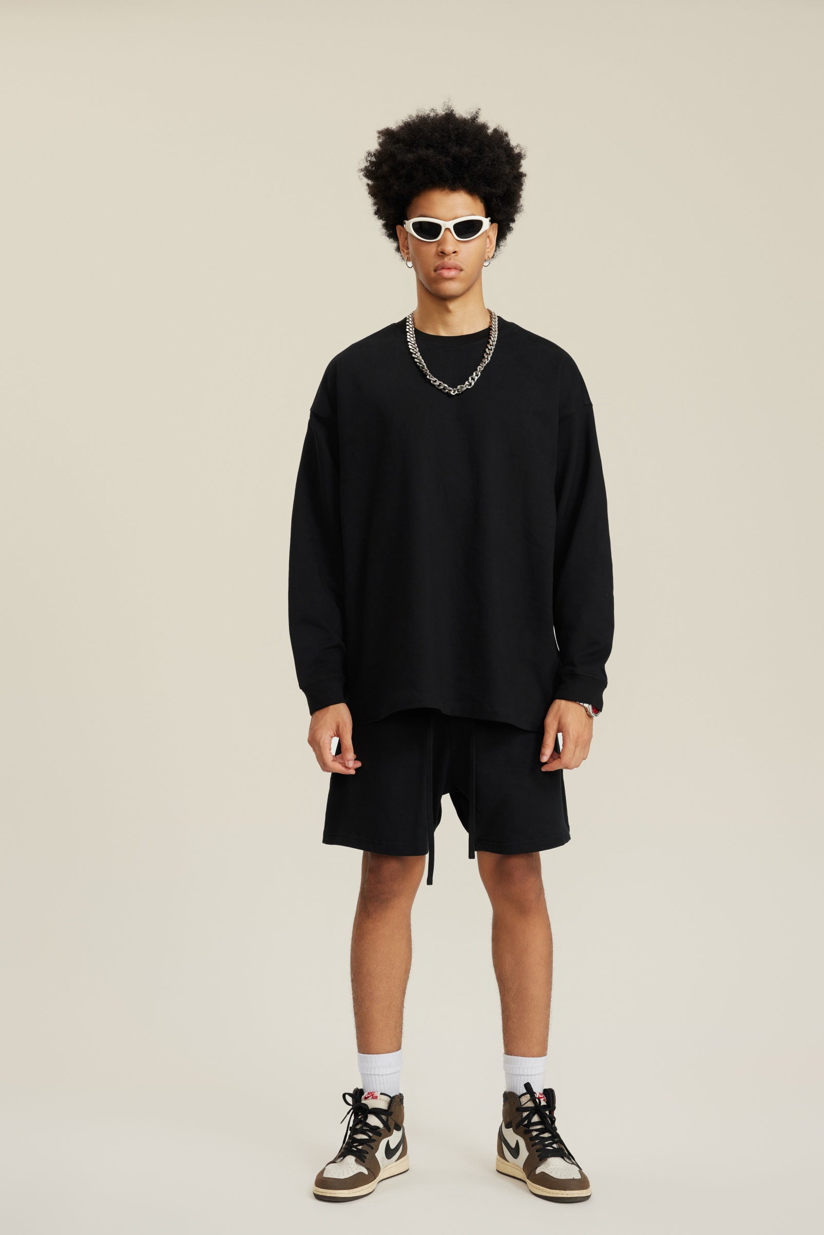 305GSM Unisex Premium Heavyweight Double-Yarn Plain Fabric Earth-Tone Basic Layering Long sleeve Tee