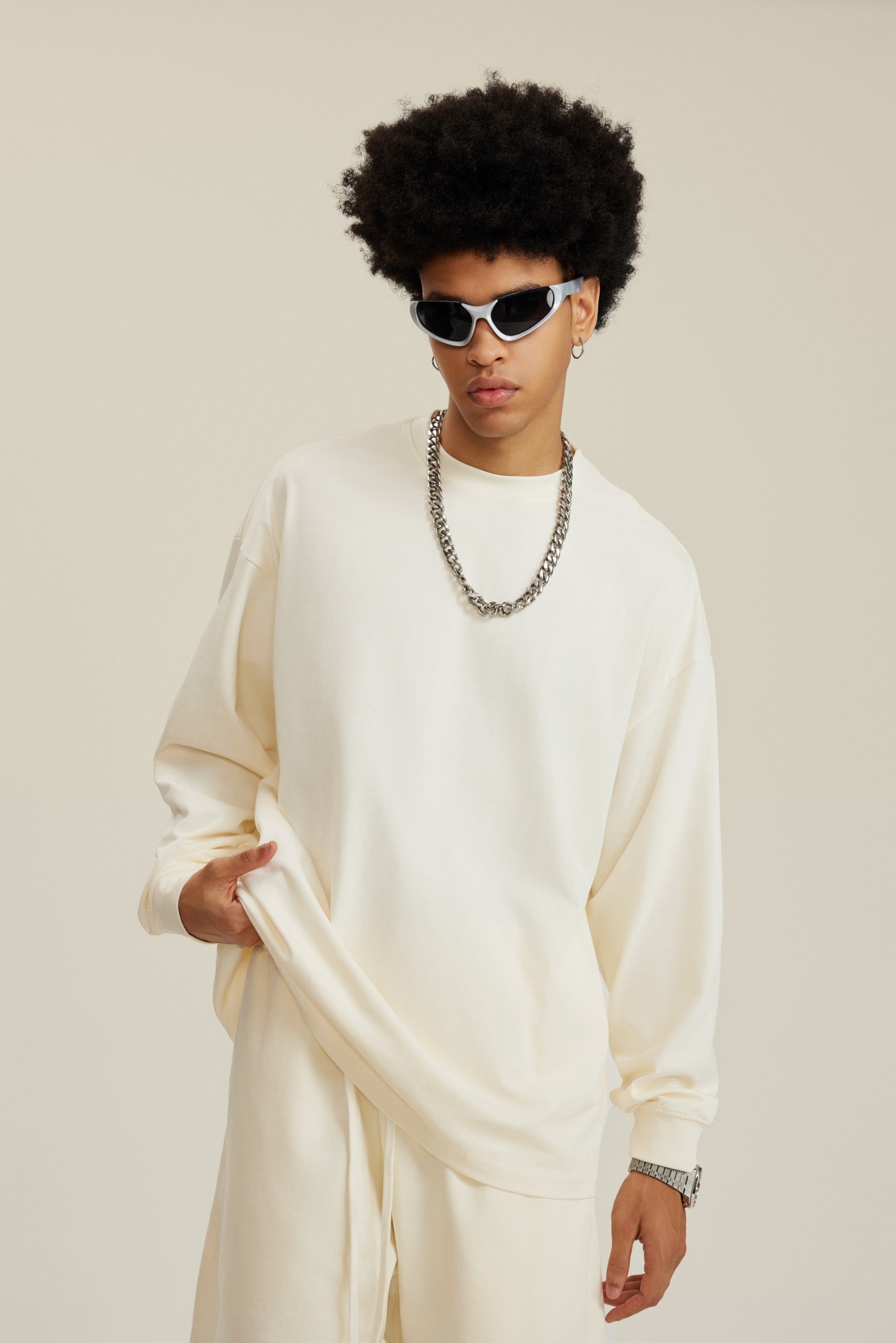305GSM Unisex Premium Heavyweight Double-Yarn Plain Fabric Earth-Tone Basic Layering Long sleeve Tee