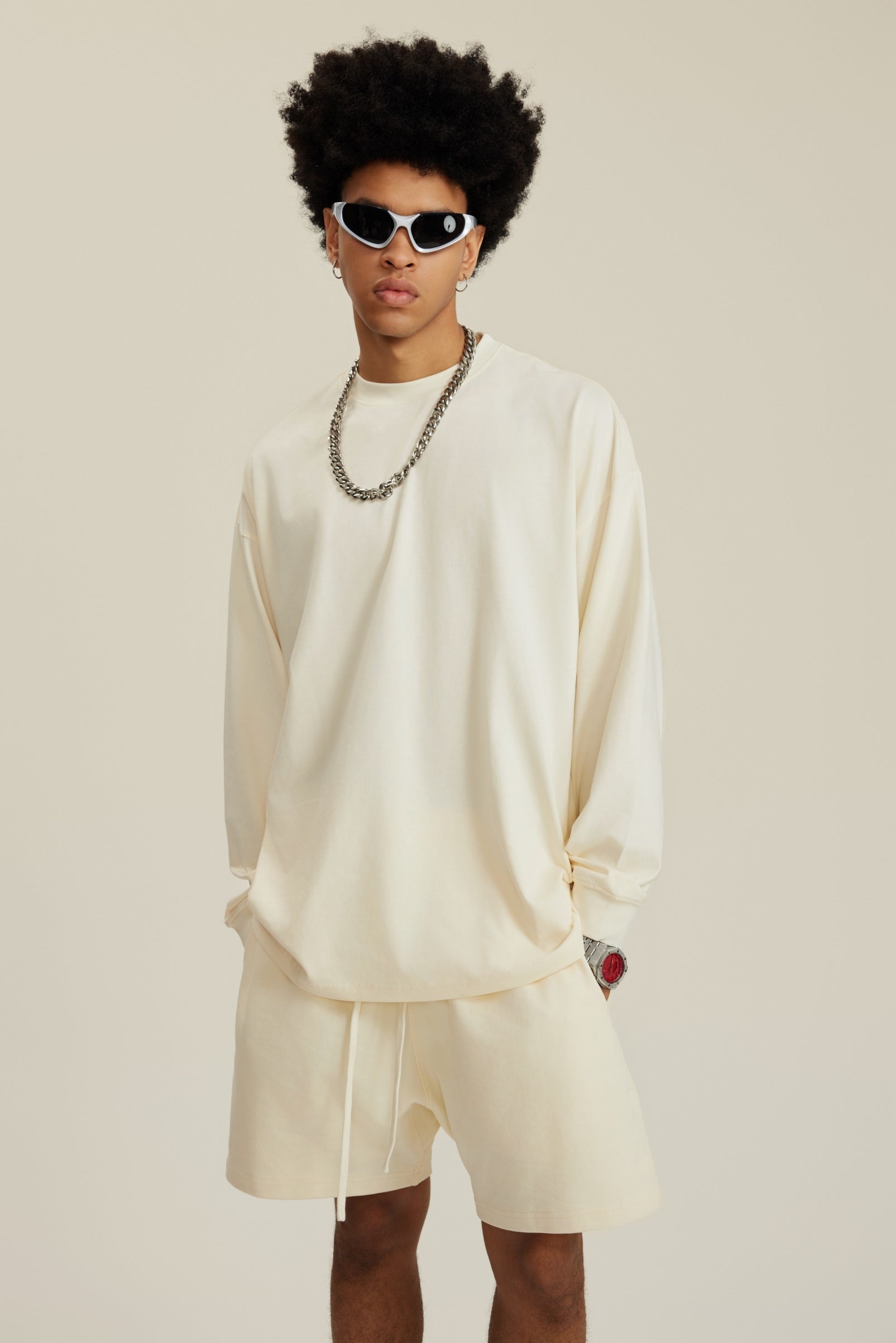 305GSM Unisex Premium Heavyweight Double-Yarn Plain Fabric Earth-Tone Basic Layering Long sleeve Tee