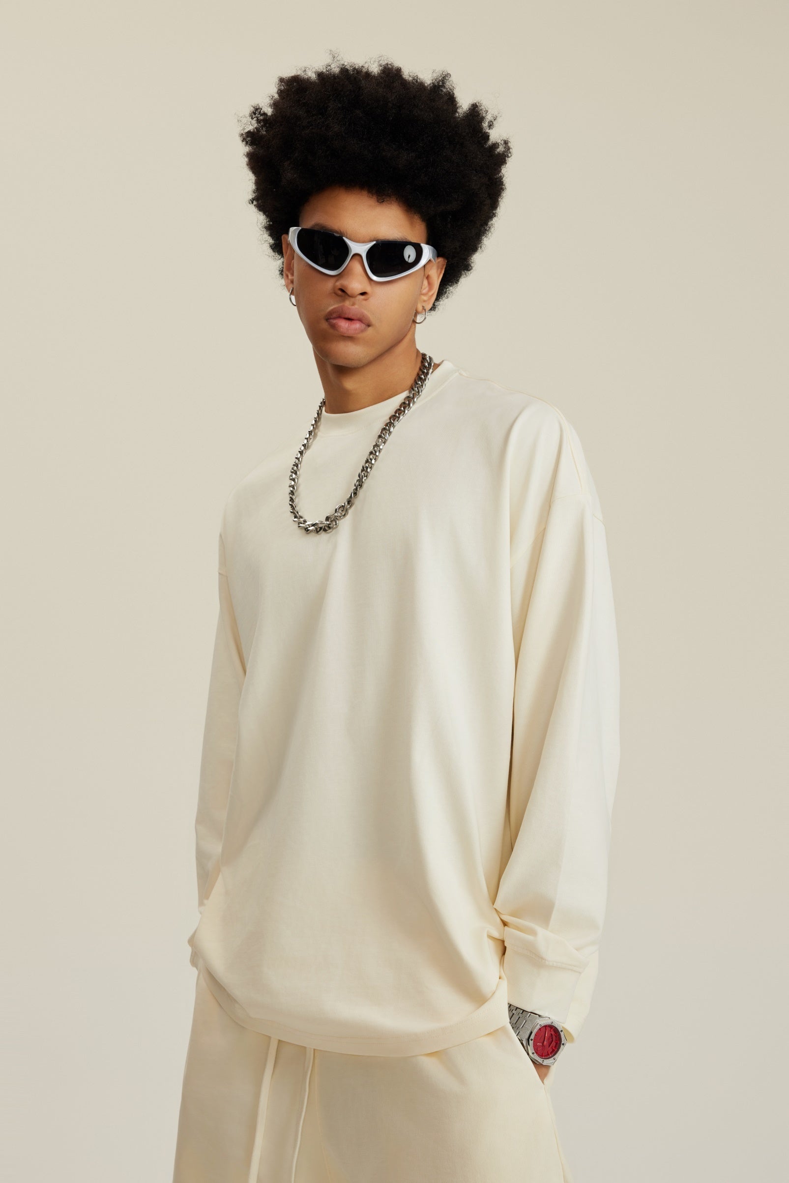 305GSM Unisex Premium Heavyweight Double-Yarn Plain Fabric Earth-Tone Basic Layering Long sleeve Tee
