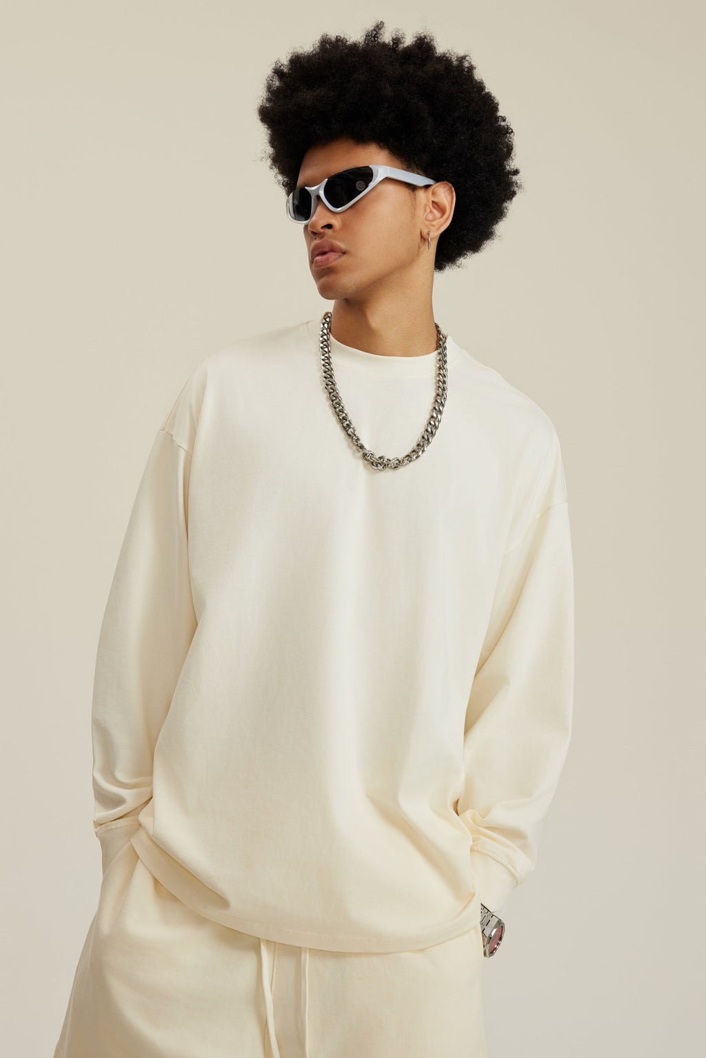 305GSM Unisex Premium Heavyweight Double-Yarn Plain Fabric Earth-Tone Basic Layering Long sleeve Tee