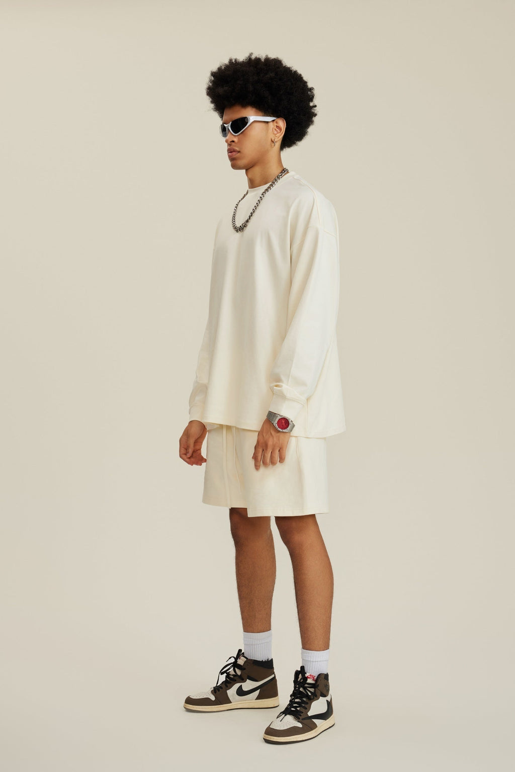 305GSM Unisex Premium Heavyweight Double-Yarn Plain Fabric Earth-Tone Basic Layering Long sleeve Tee