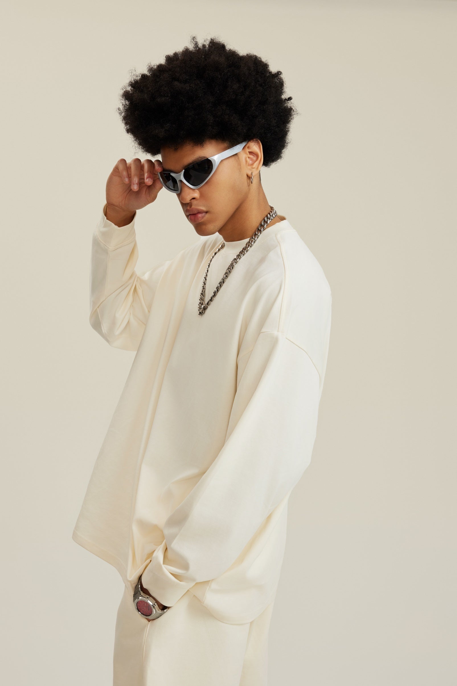 305GSM Unisex Premium Heavyweight Double-Yarn Plain Fabric Earth-Tone Basic Layering Long sleeve Tee