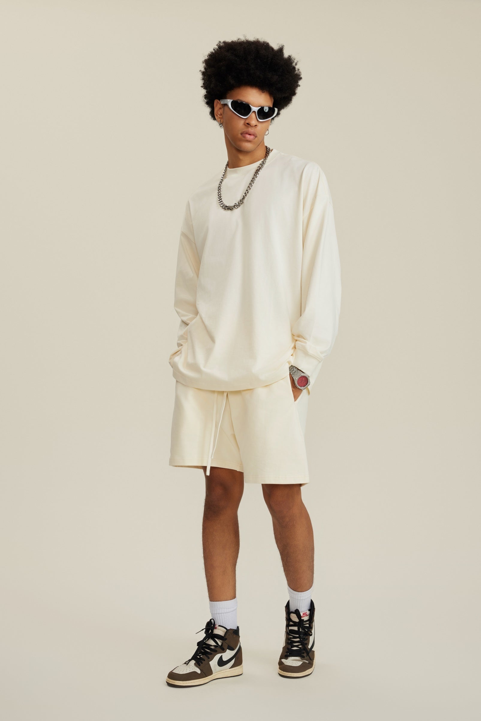 305GSM Unisex Premium Heavyweight Double-Yarn Plain Fabric Earth-Tone Basic Layering Long sleeve Tee