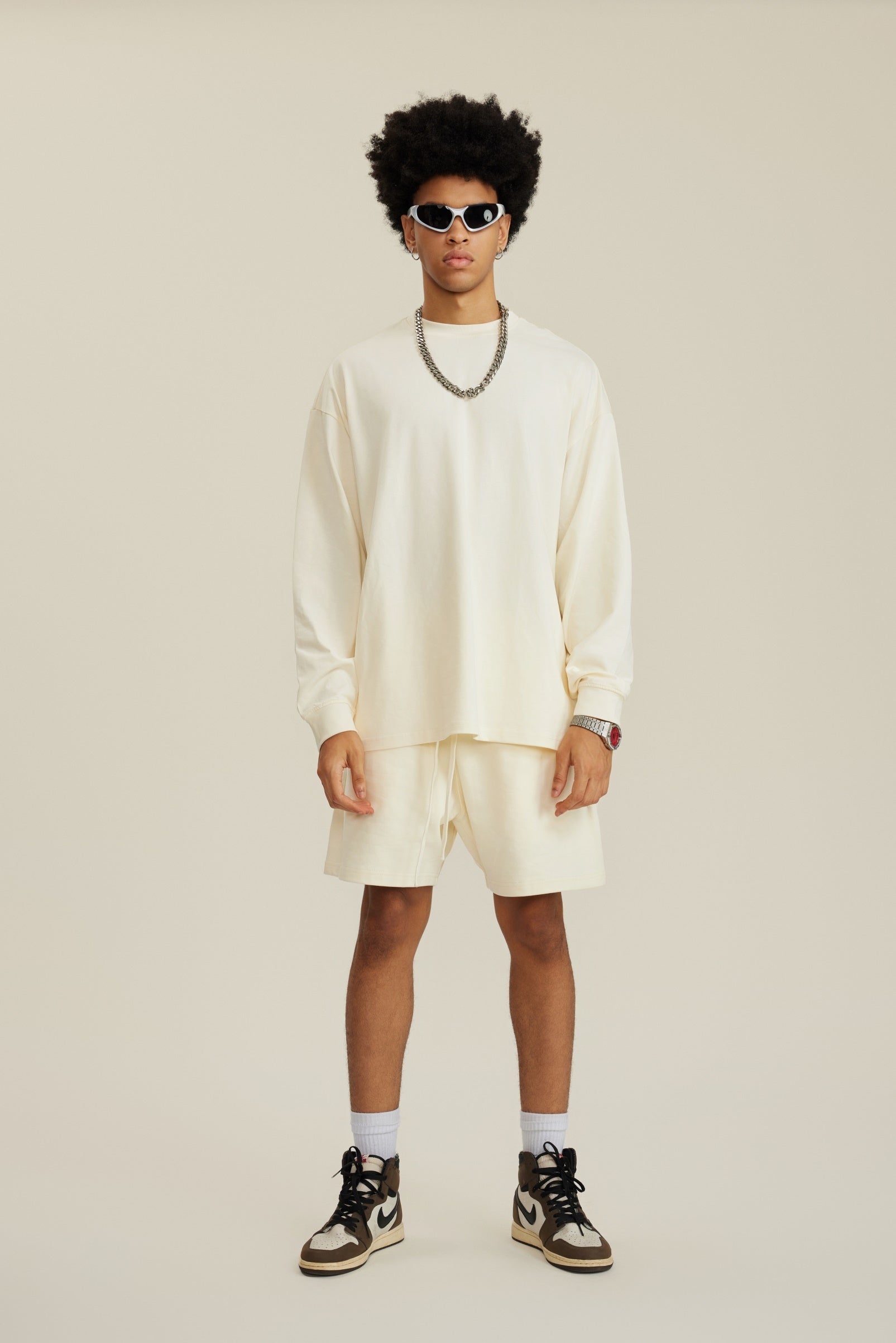 305GSM Unisex Premium Heavyweight Double-Yarn Plain Fabric Earth-Tone Basic Layering Long sleeve Tee