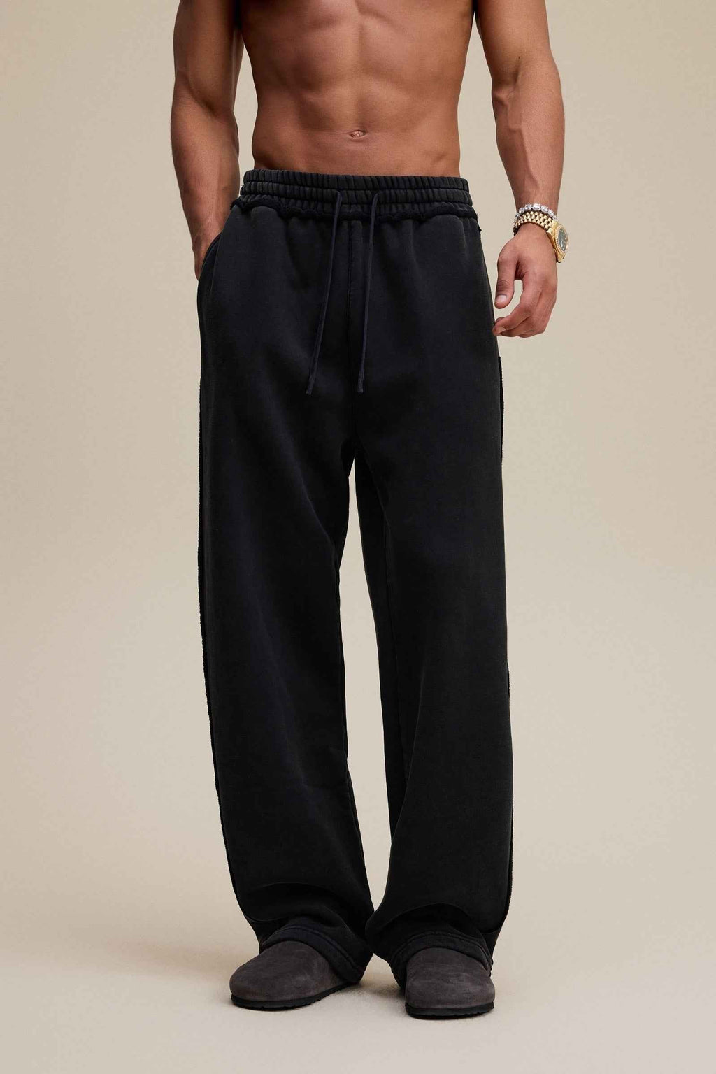 400GSM Men’s Raw-Edge Pigment-Wash Straight-Leg Pants