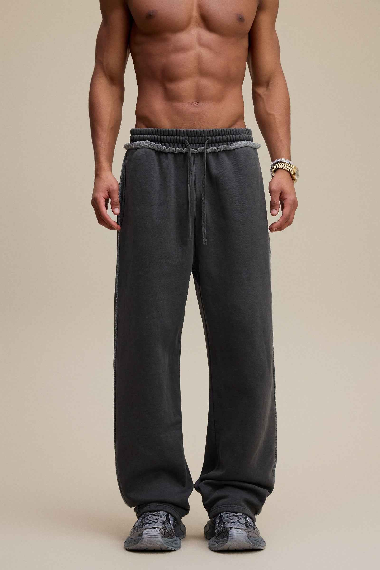 400GSM Men’s Raw-Edge Pigment-Wash Straight-Leg Pants